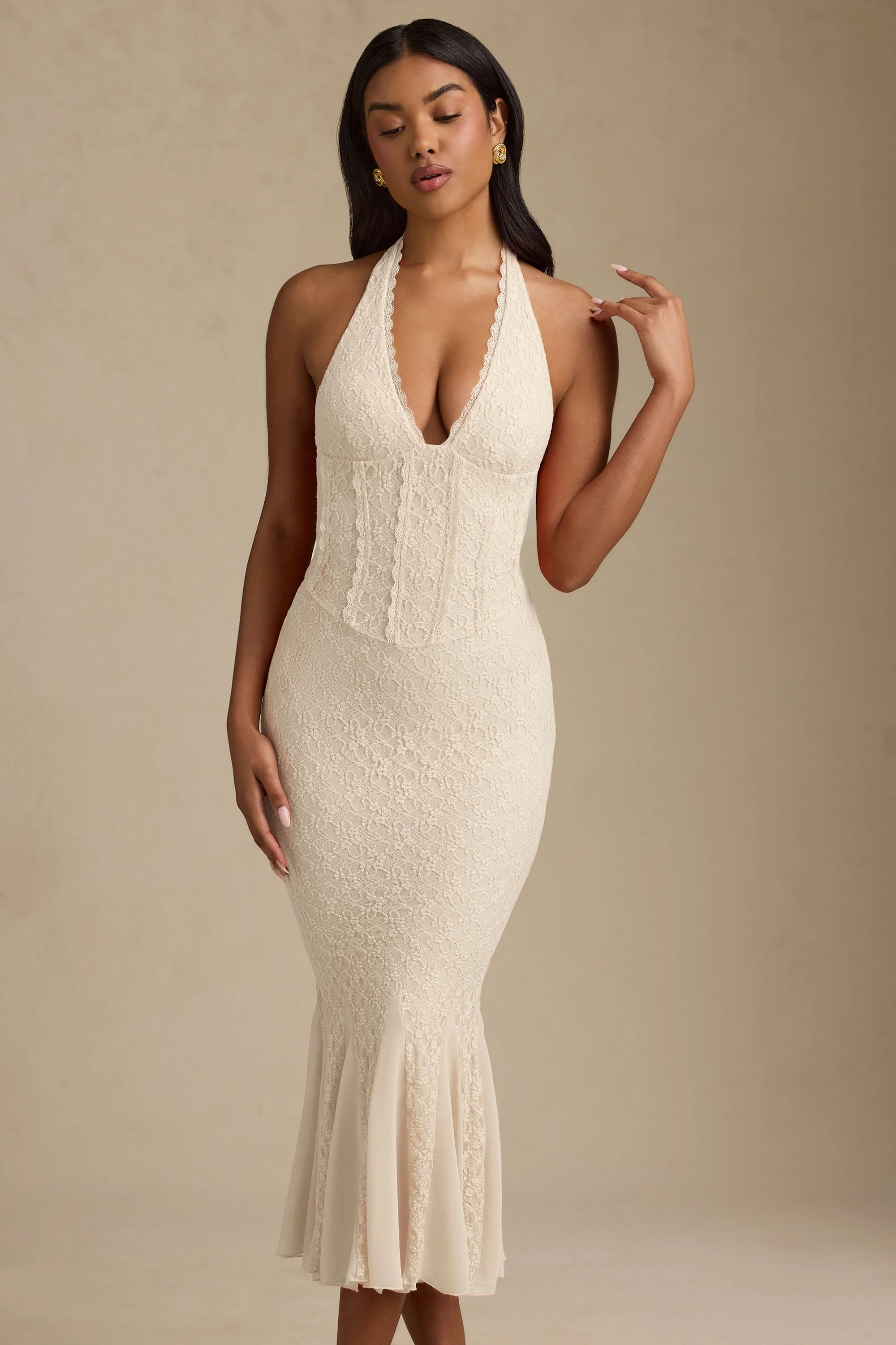 Halterneck Corset Lace Midaxi Dress in Ivory
