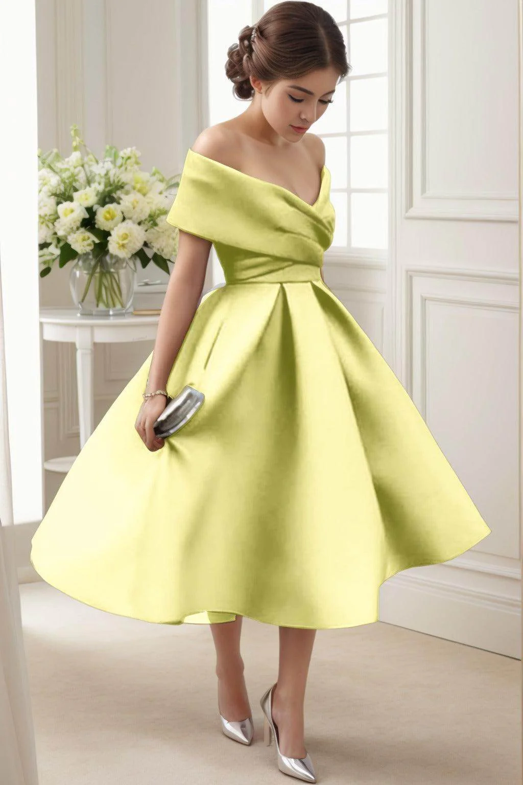 A-Line Tea Length Satin Graduation Dresses CS0556