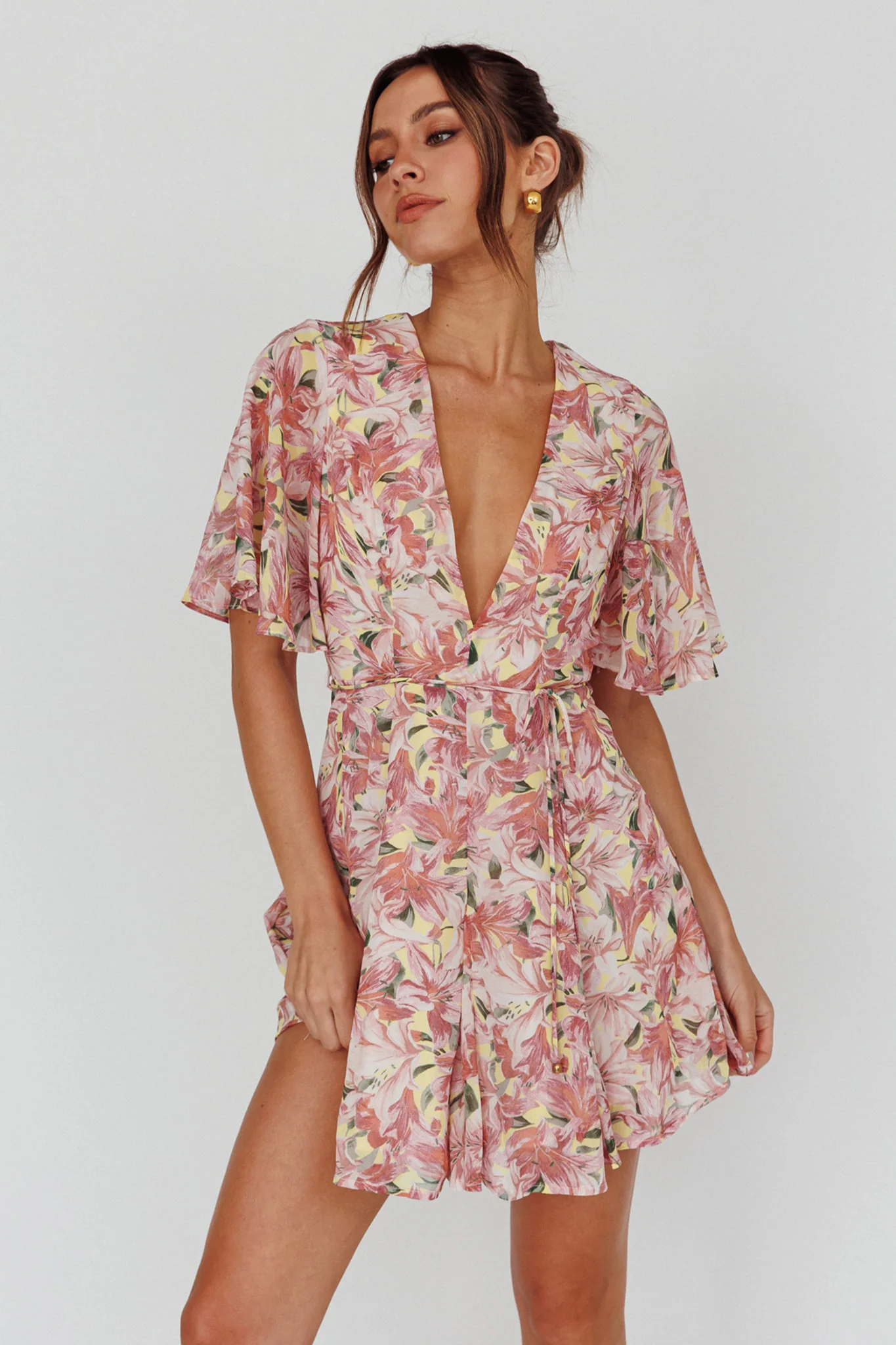 Estelle Angel Sleeve Dress Lily Print Yellow