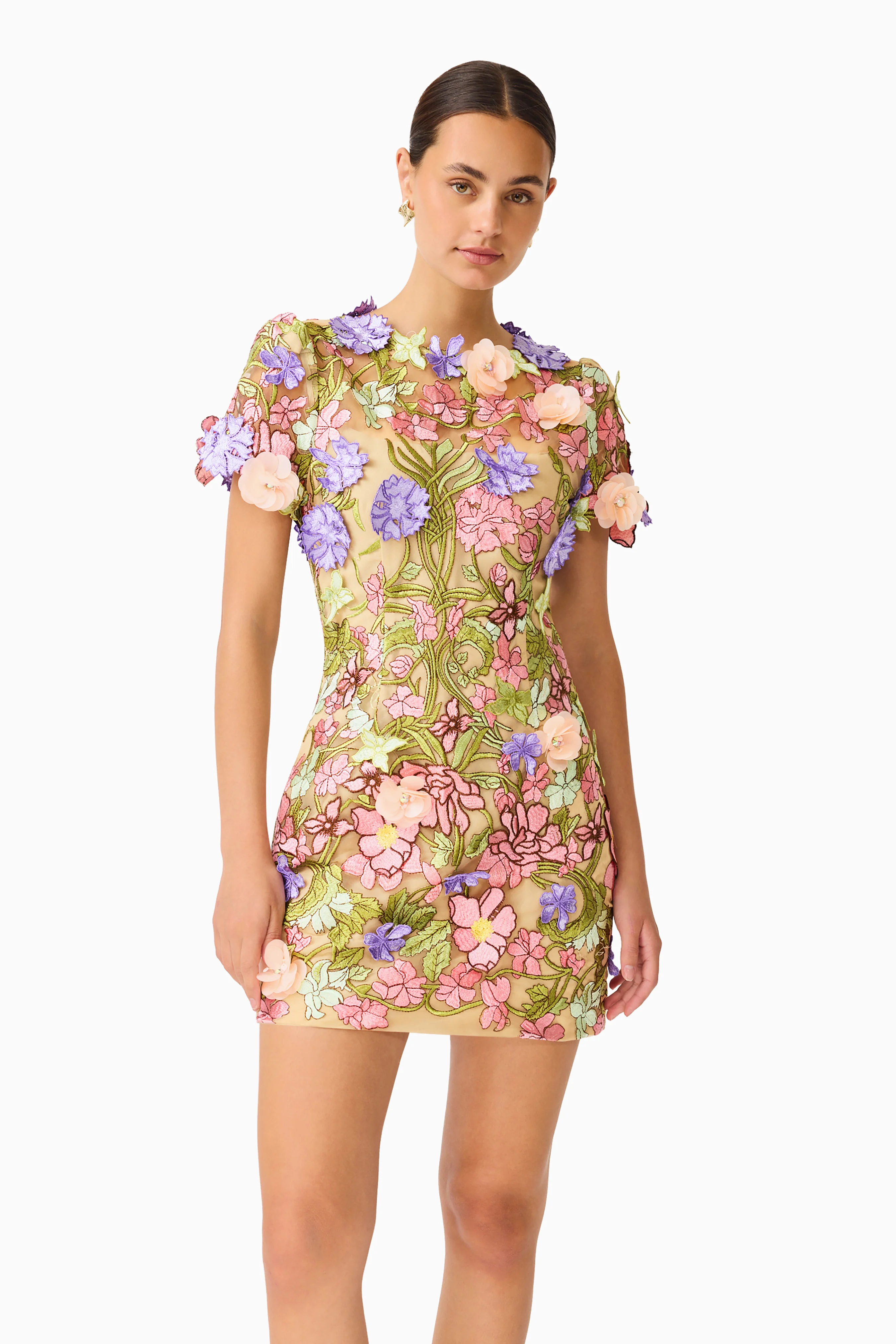 Fiora Shift Mini Dress in Green & Pink Floral