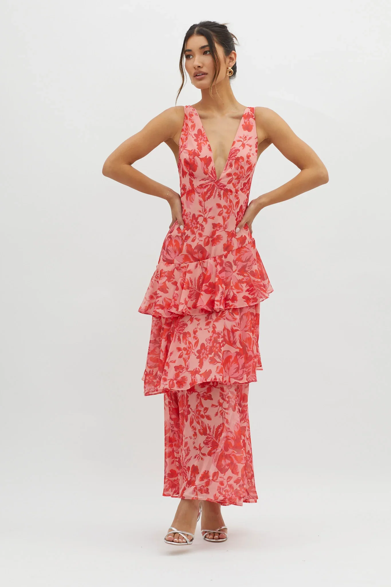 Veda Strappy Back Ruffle Midi Dress Floral Red