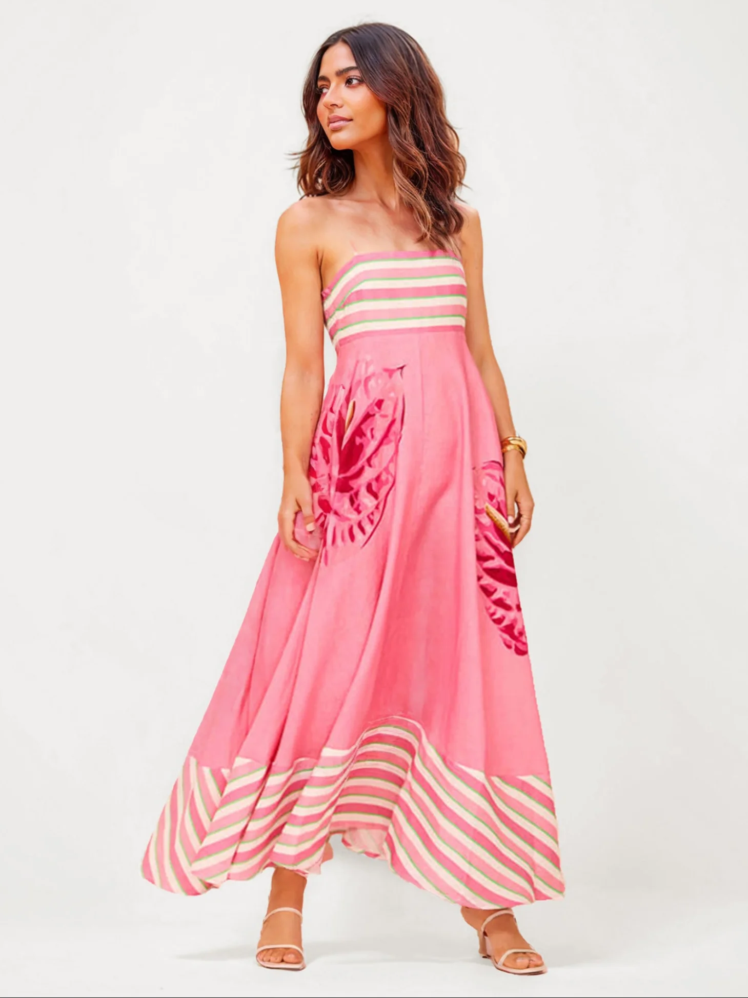 Pink Stripe & Floral Design Midi Dress
