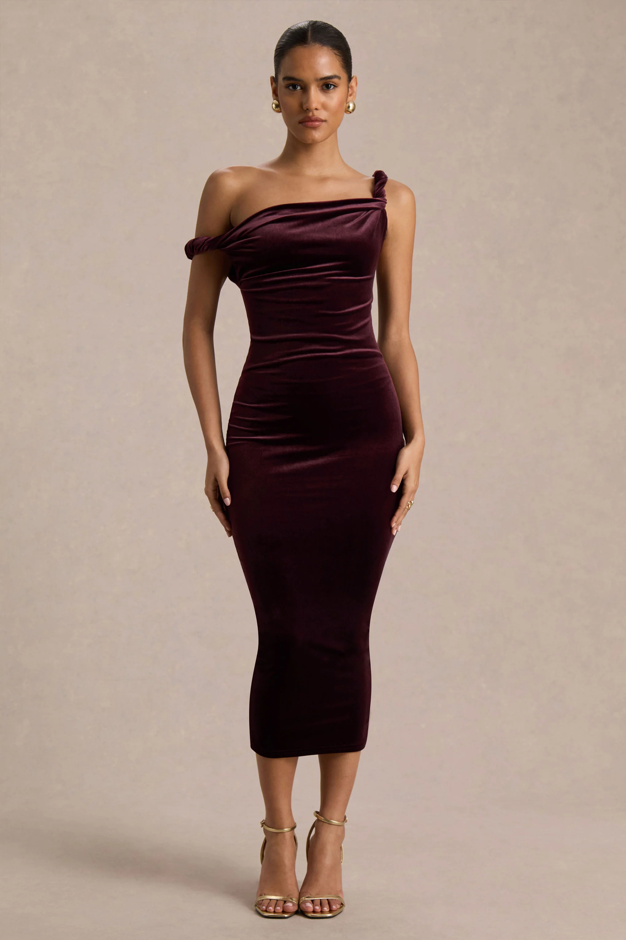 Carella | Burgundy Velvet Twisted Asymmetric Midi Dress