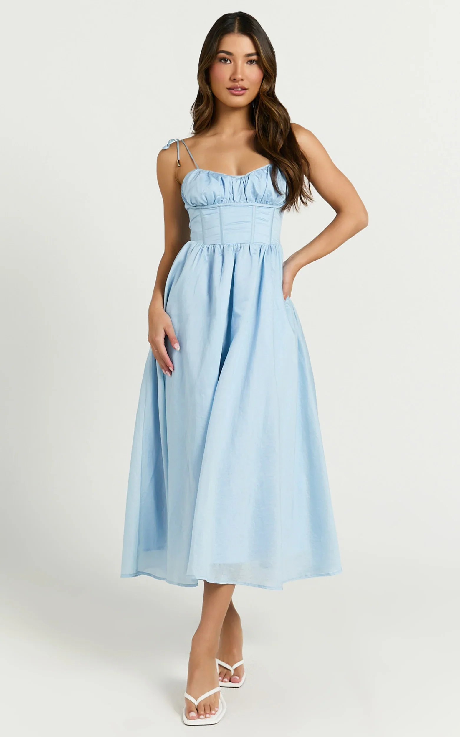 Dolores Midi Dress - Strappy Ruched Bust Corset Waist Dress in Blue