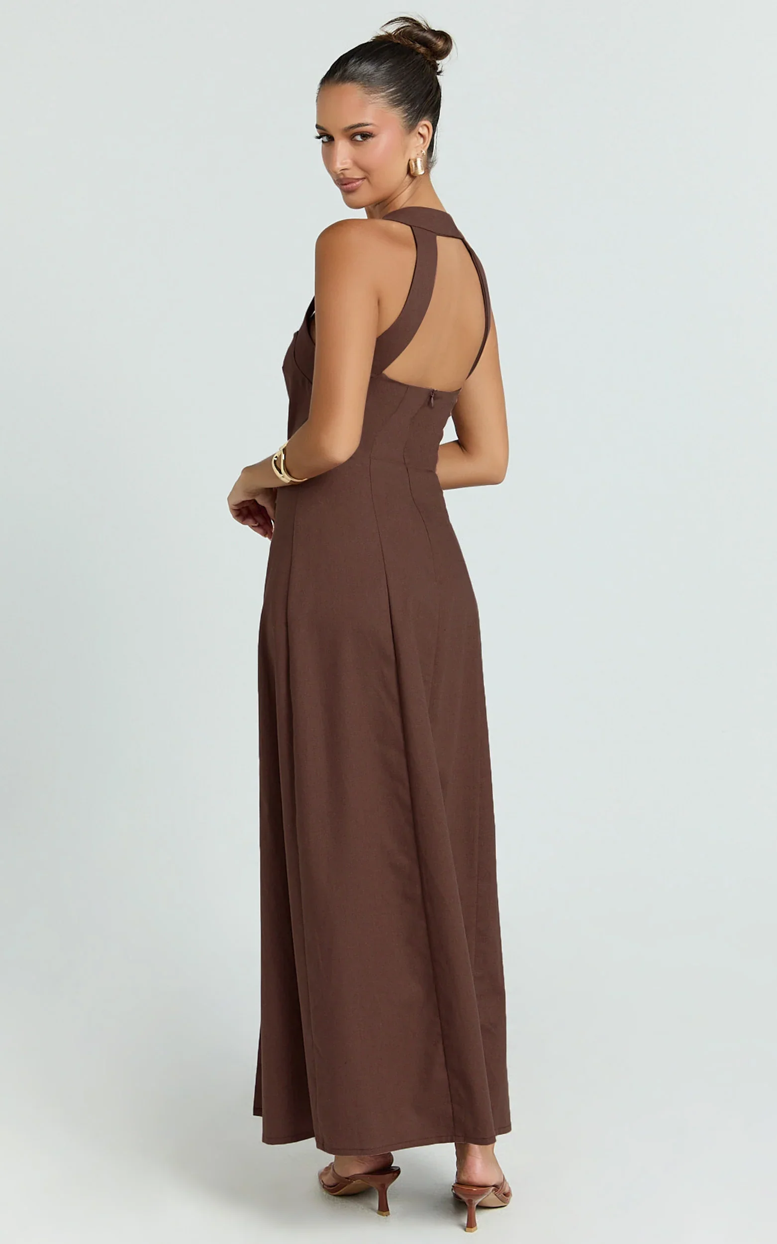 Marla Midi Dress - Square Neck Button Front Shift Dress in Chocolate