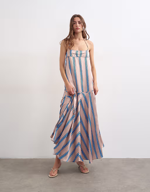 Topshop satin seamed maxi dress with piped edges in natural and blue stripes