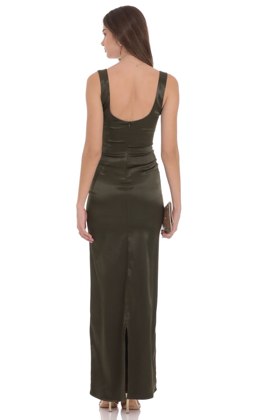 Satin Bodycon Maxi Dress in Olive Green