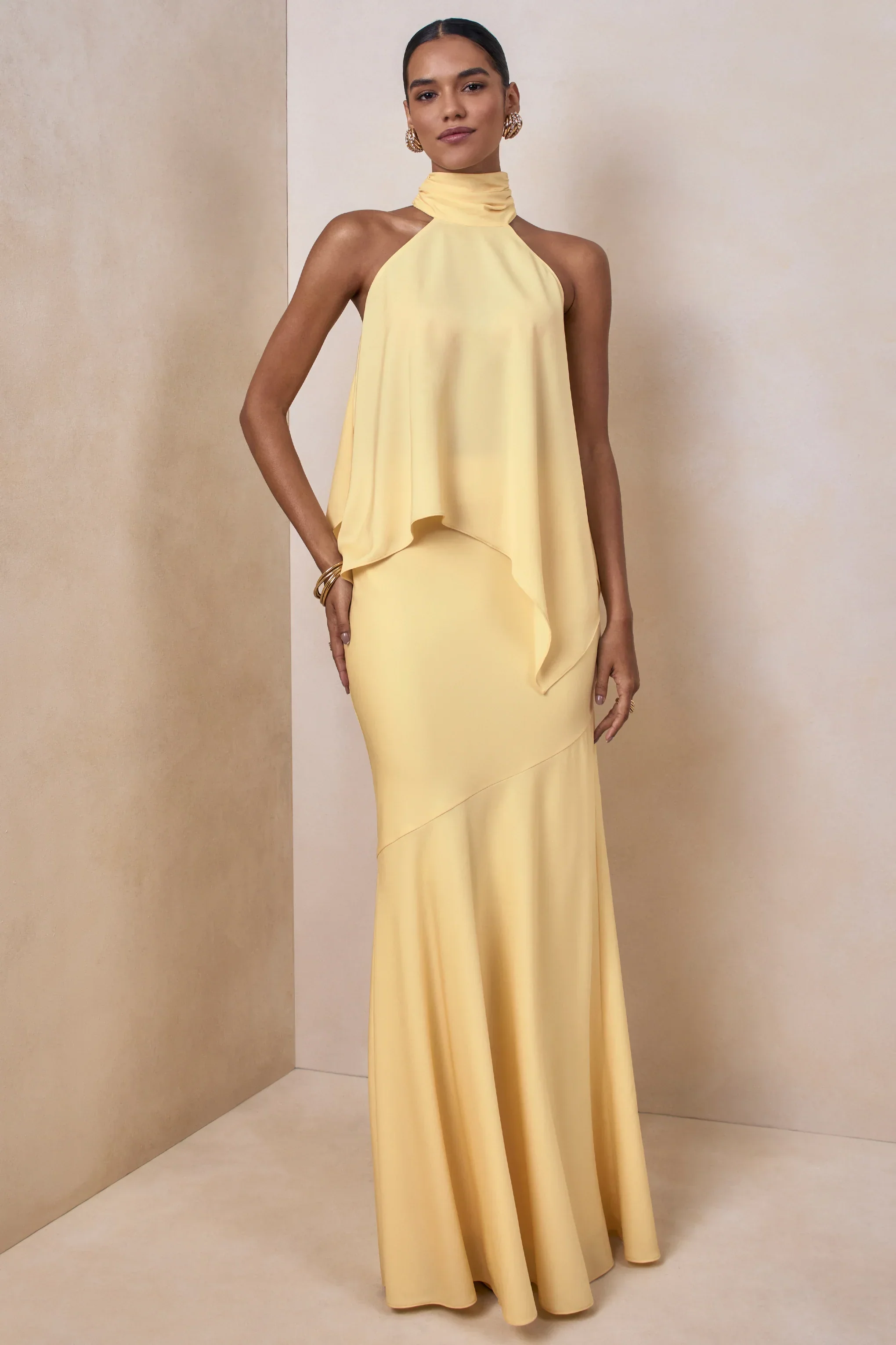 Vayla | Lemon Satin Asymmetric Drop-Waist Maxi Skirt