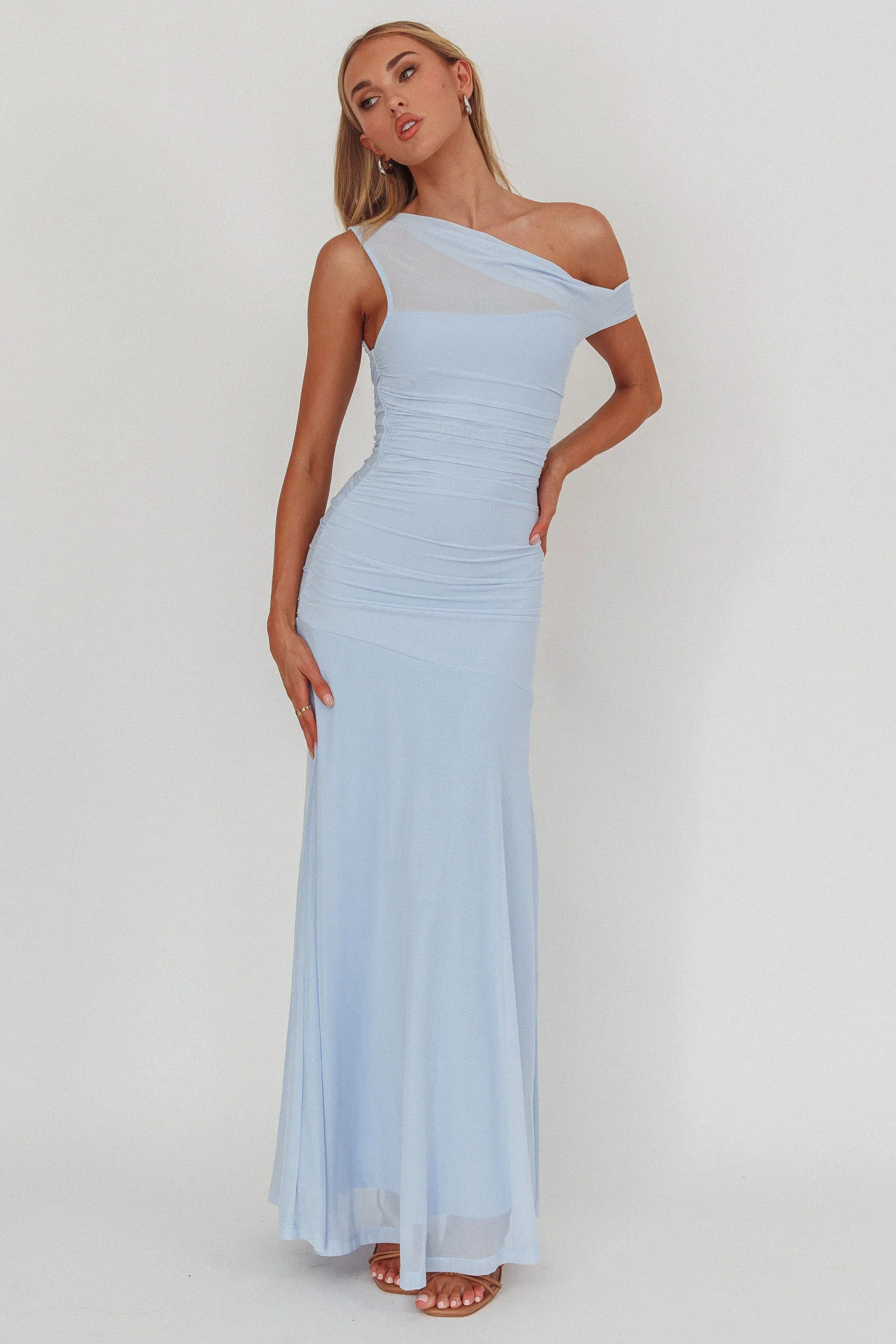 Lylah Asymmetric Neckline Mesh Maxi Dress Ice Blue