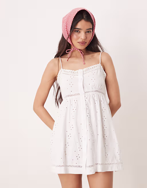eyelet cami button through mini dress in white