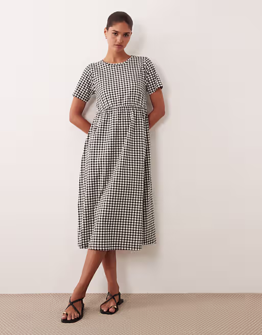 Threadbare jersey short sleeve midi dress in black and white gingham print