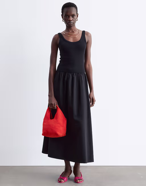 & Other Stories fitted bodice maxi jersey dress with cotton poplin skirting in black