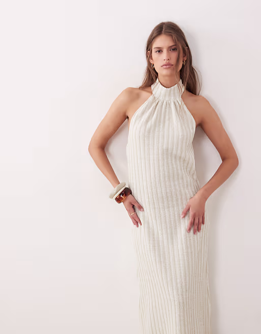 textured knit halterneck midi dress in cream and light green stripes