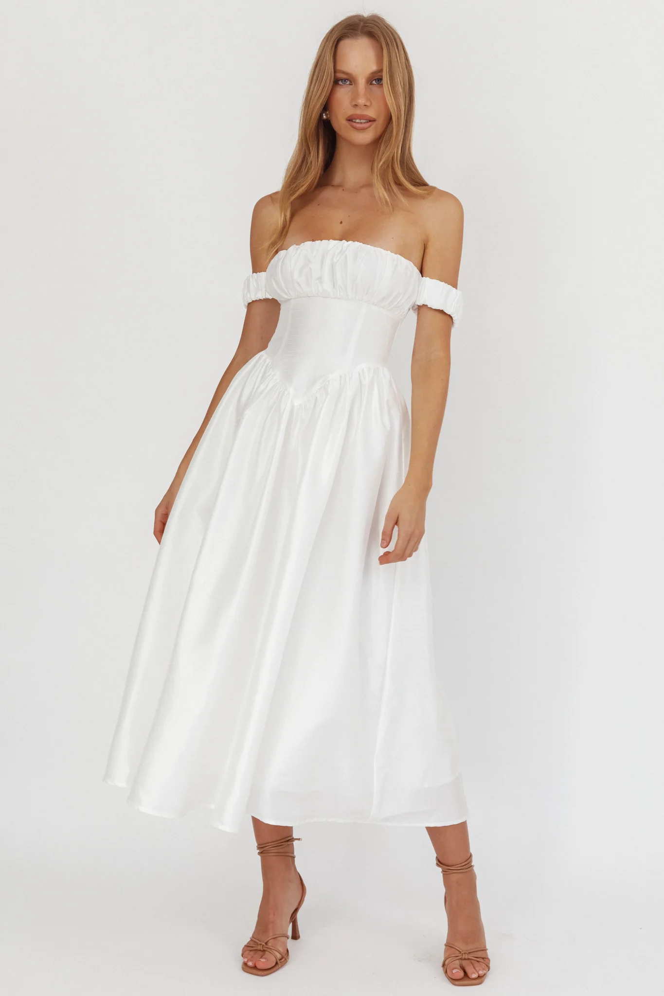 Heavens Above Off-Shoulder Basque Waist Midi Dress Ivory - luluinthesky