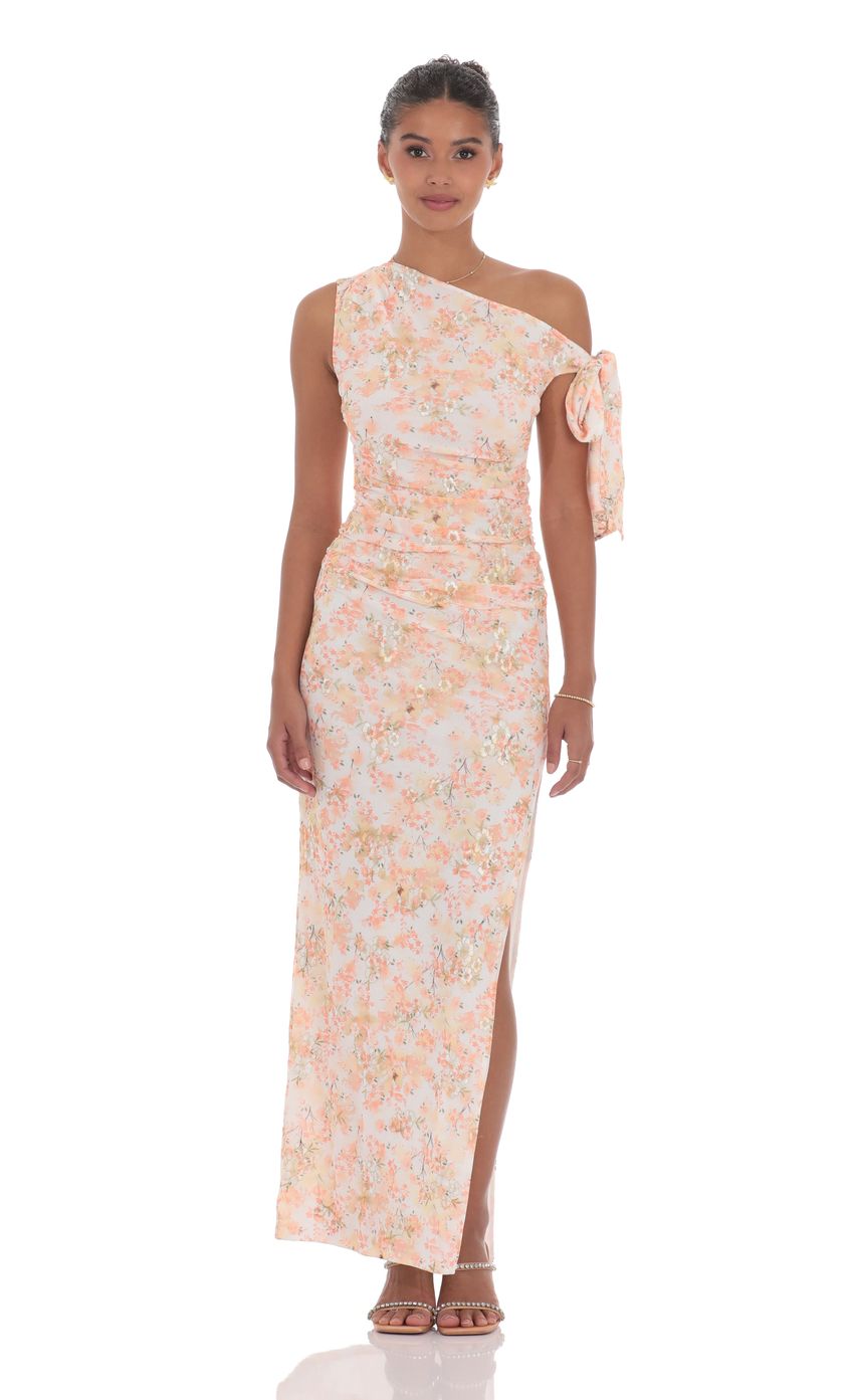 Floral Shimmer Off Shoulder Maxi Dress in Peach