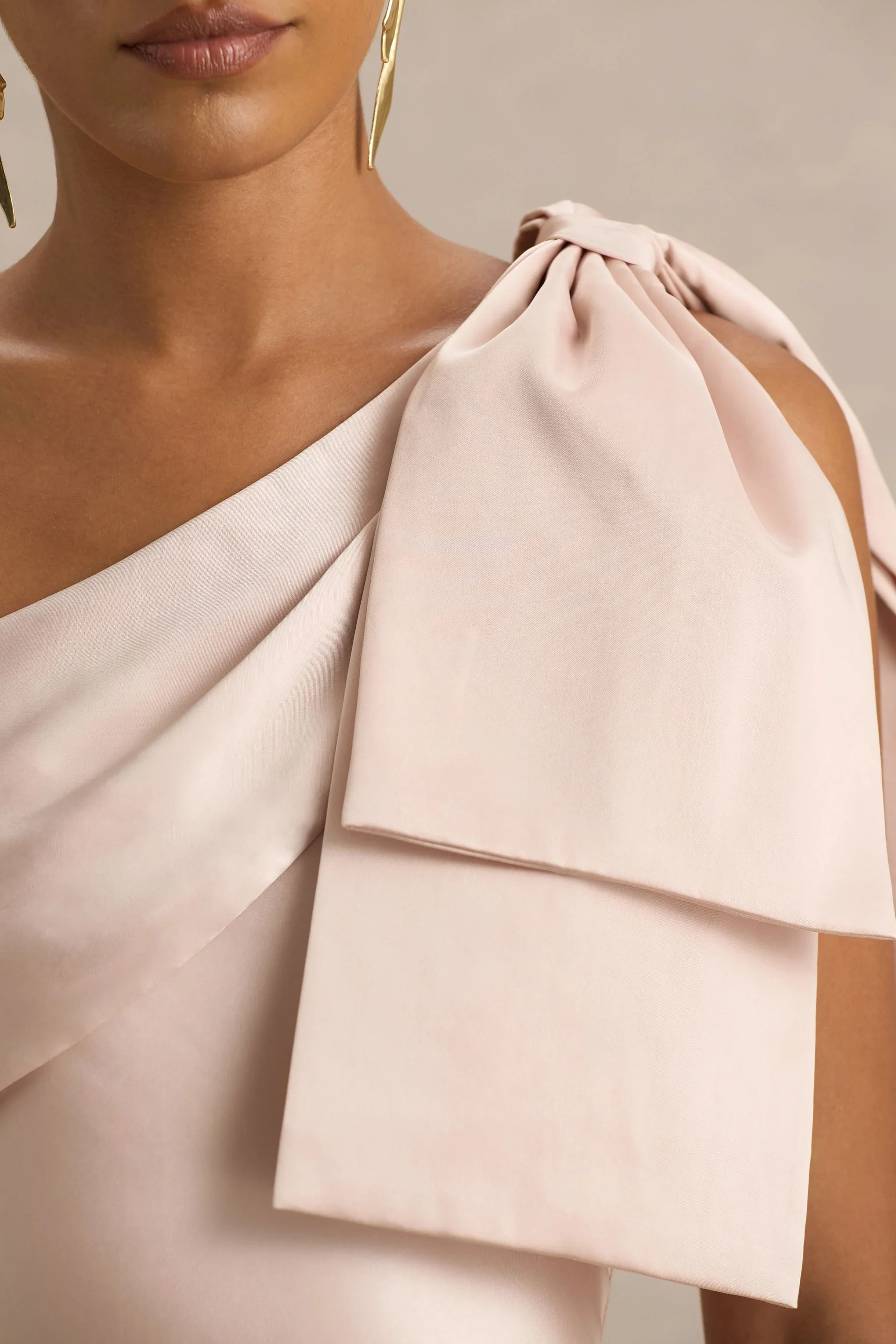 Valerie | Light Pink Satin Asymmetric-Neck Maxi Dress With Bow Detail