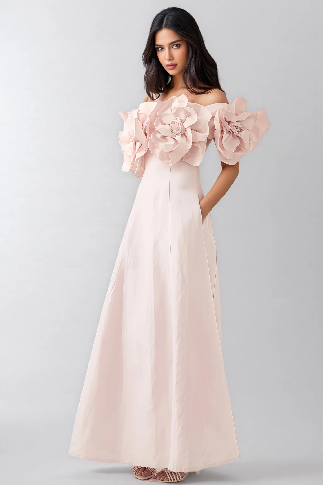 Alreem Pink Strapless 3D Floral Maxi Dress