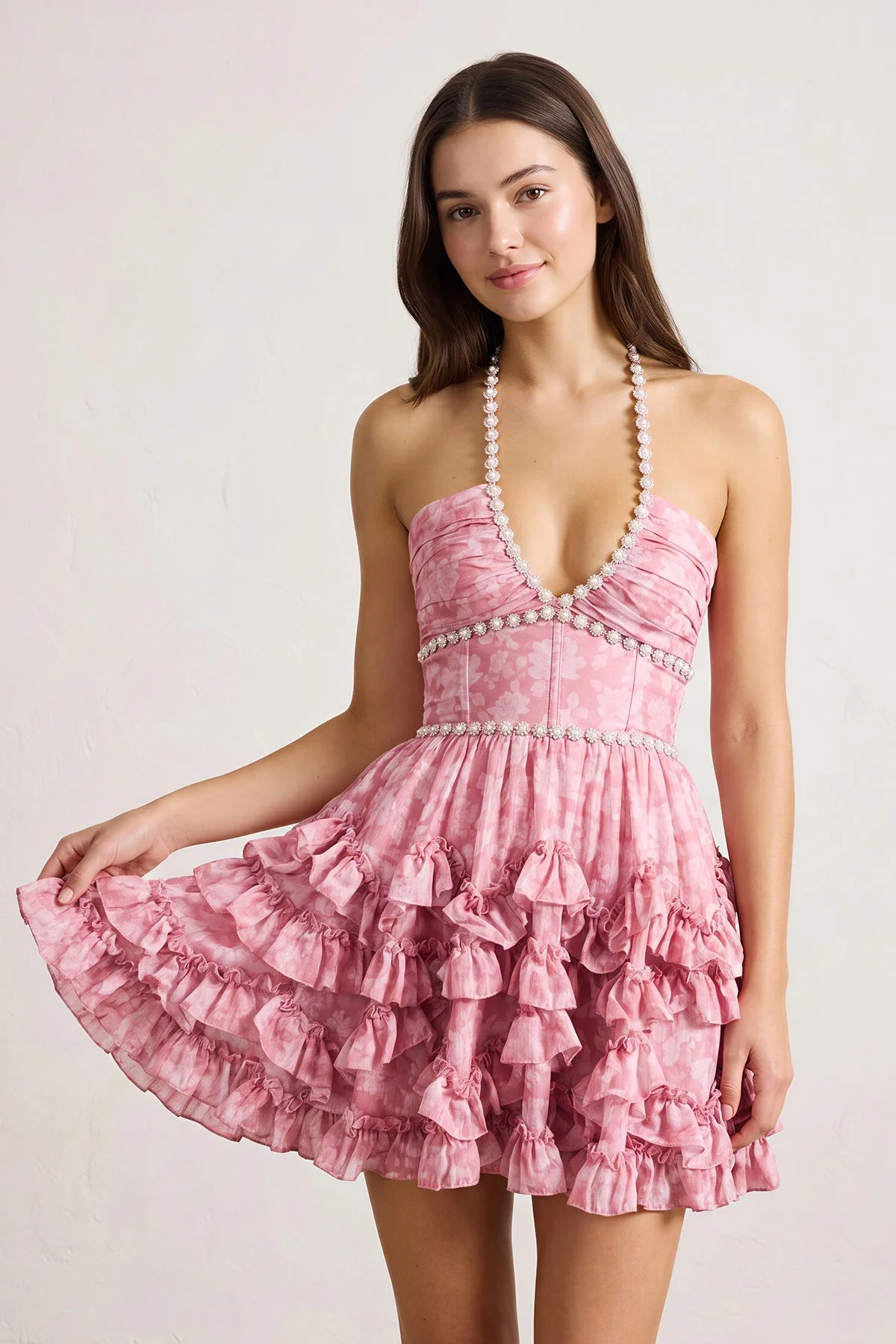 Pink Halter Pearl Floral Printed Chiffon A-Line Ruffled Homecoming Dress