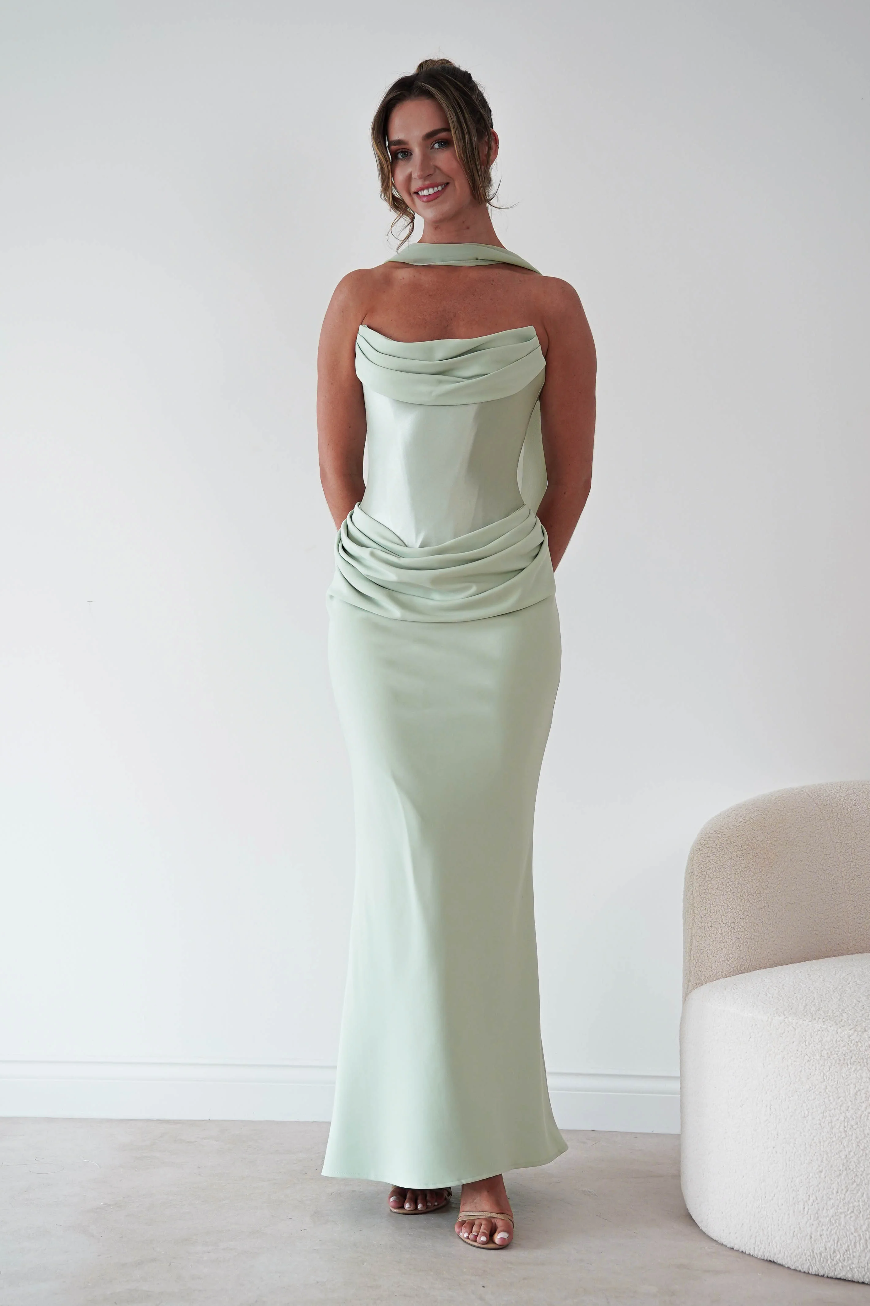 Kailani Strapless Ruched Maxi Dress | Sage
