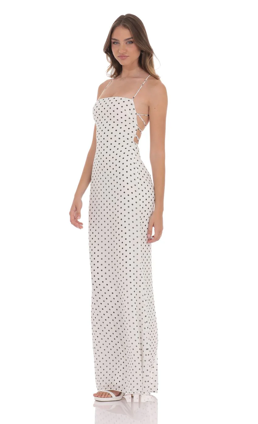Polka Dot Open Back Maxi Dress in White - luluinthesky