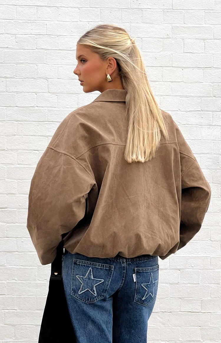 River Brown Suede Bubble Hem Bomber Jacket