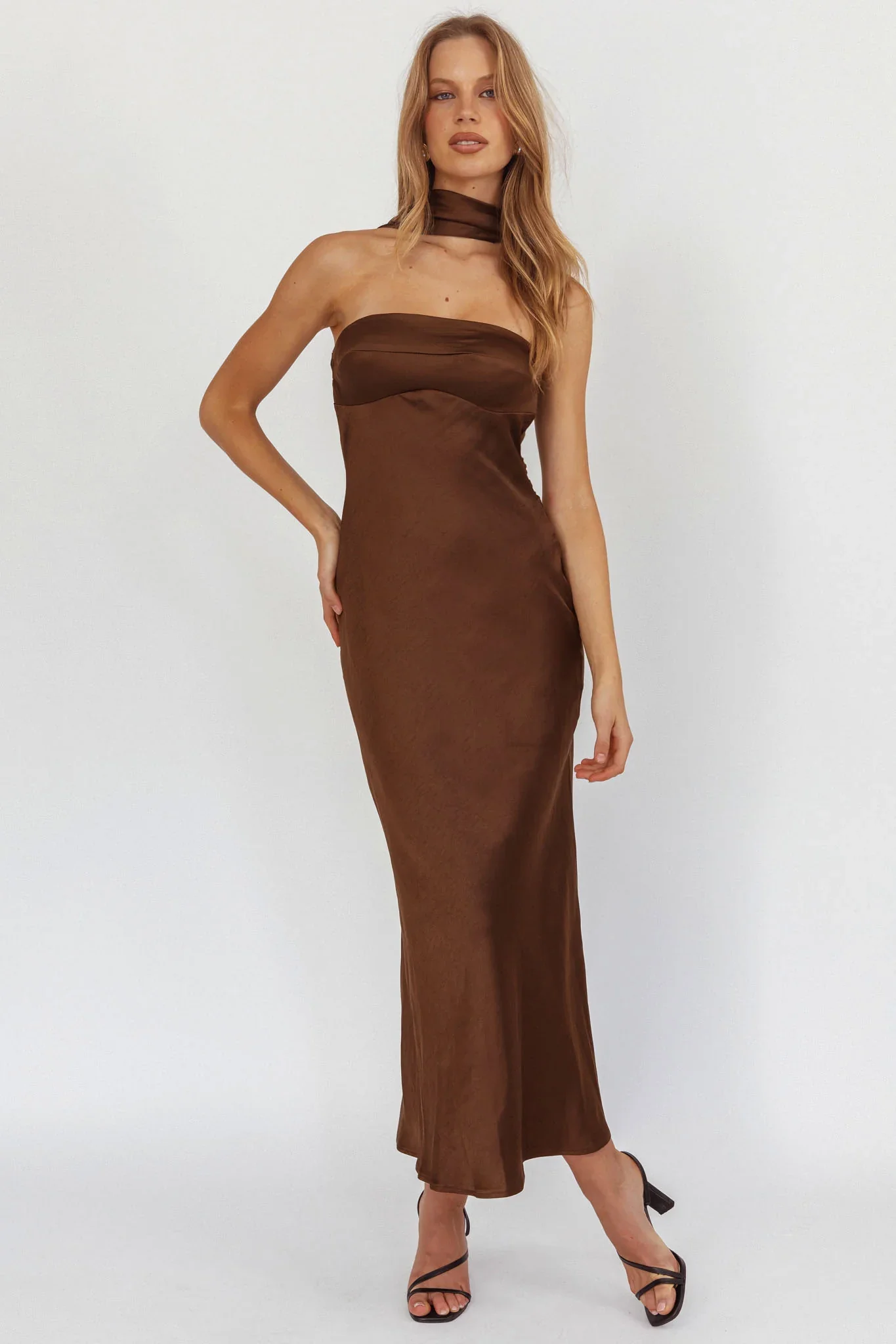 Damsel Reverse Halter Maxi Dress Satin Chocolate