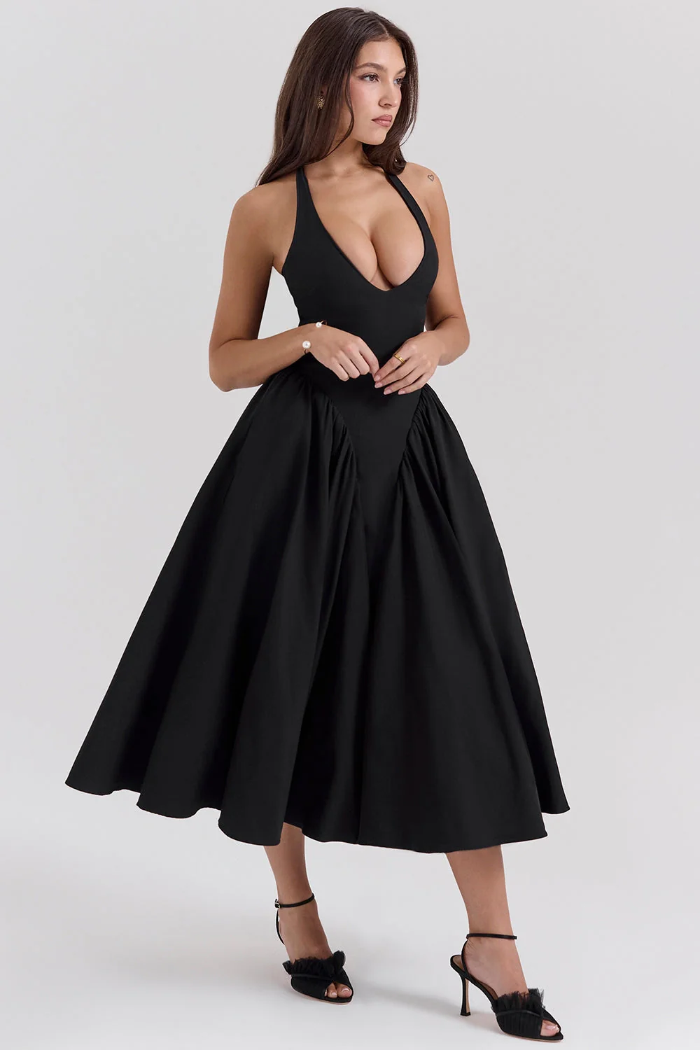 black twill halter midi dress