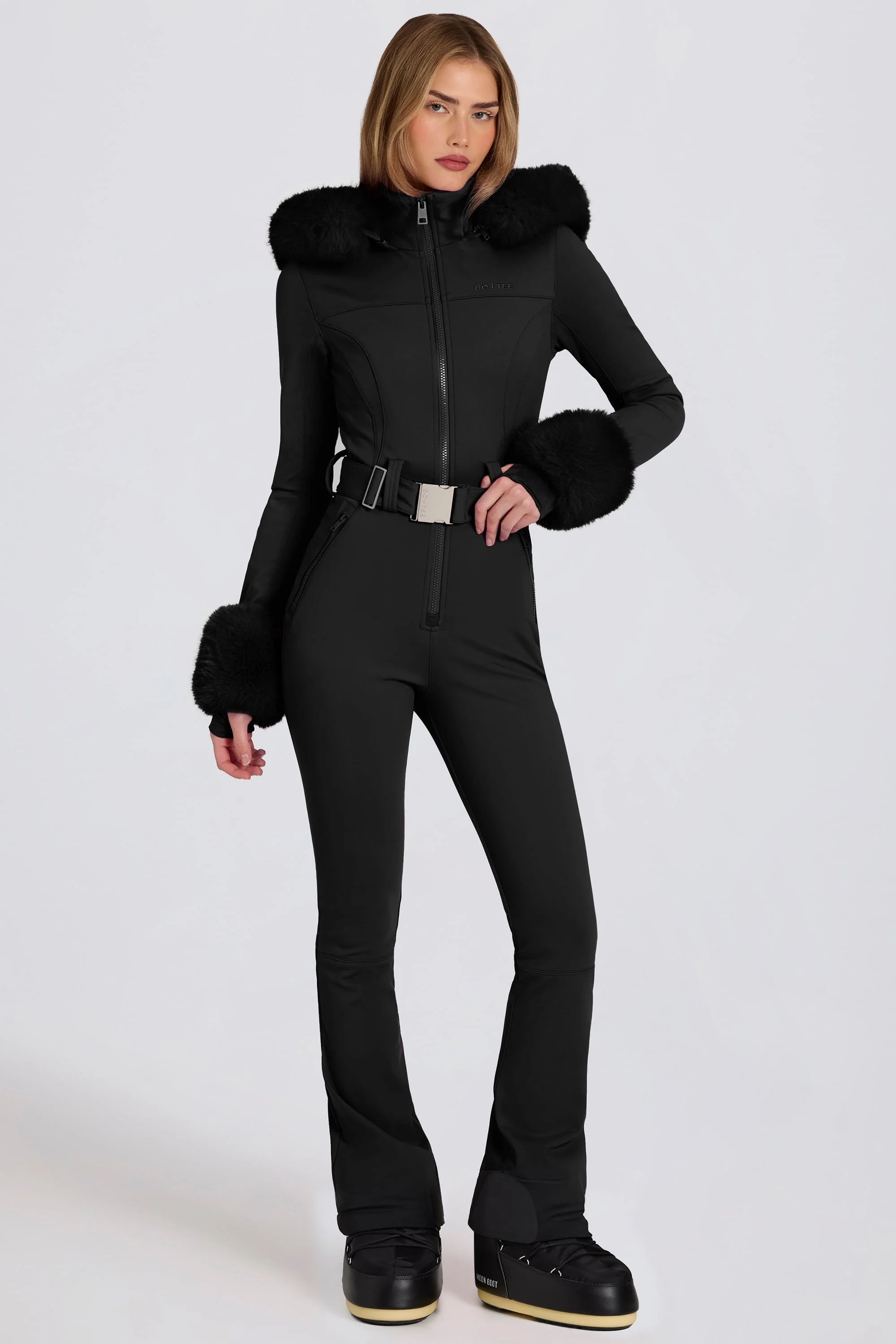 Waterproof Faux-Fur Hood Fitted Ski Suit in Black