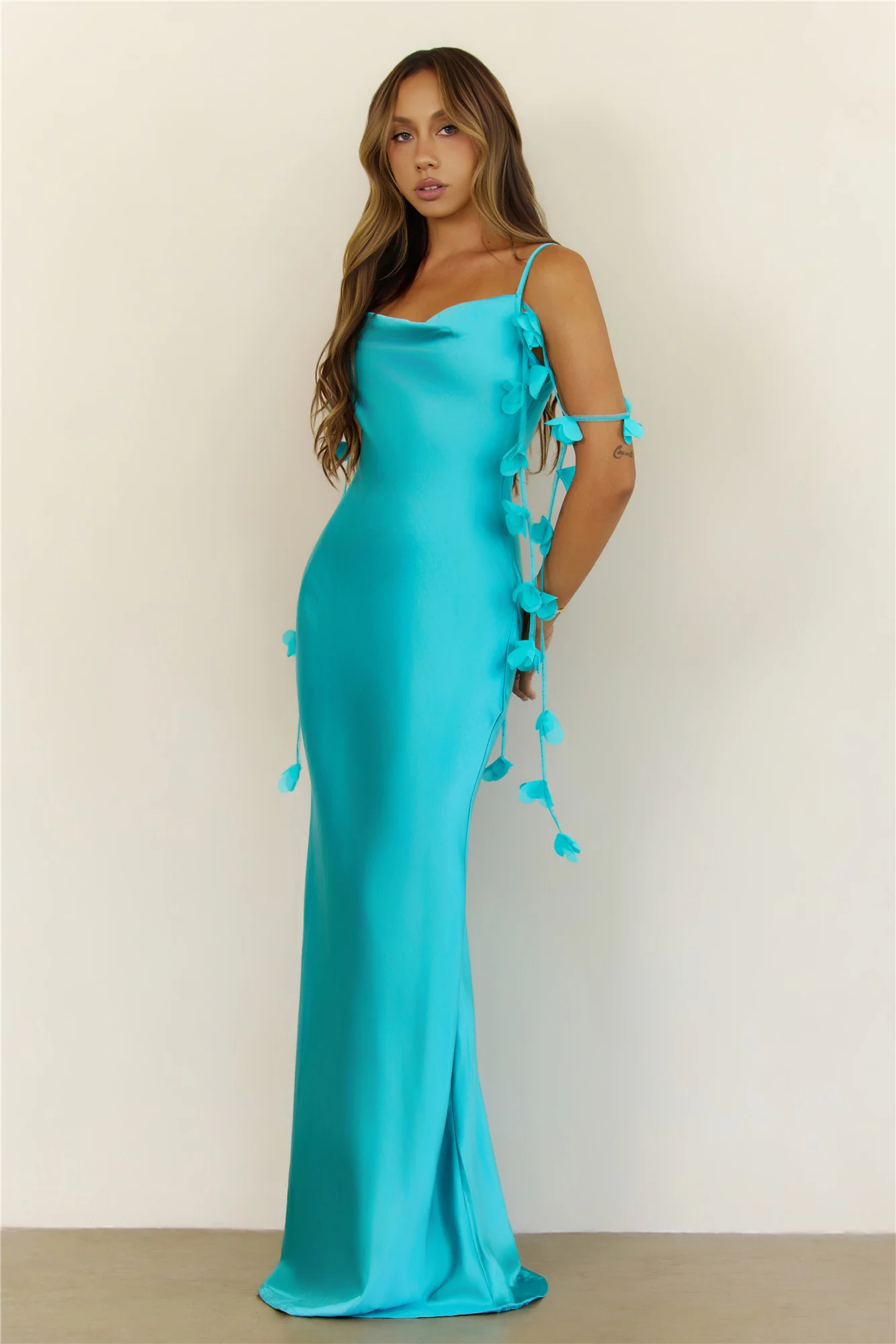 Ethereal Garden Floral Petal Satin Cowl Neck Maxi Dress Blue