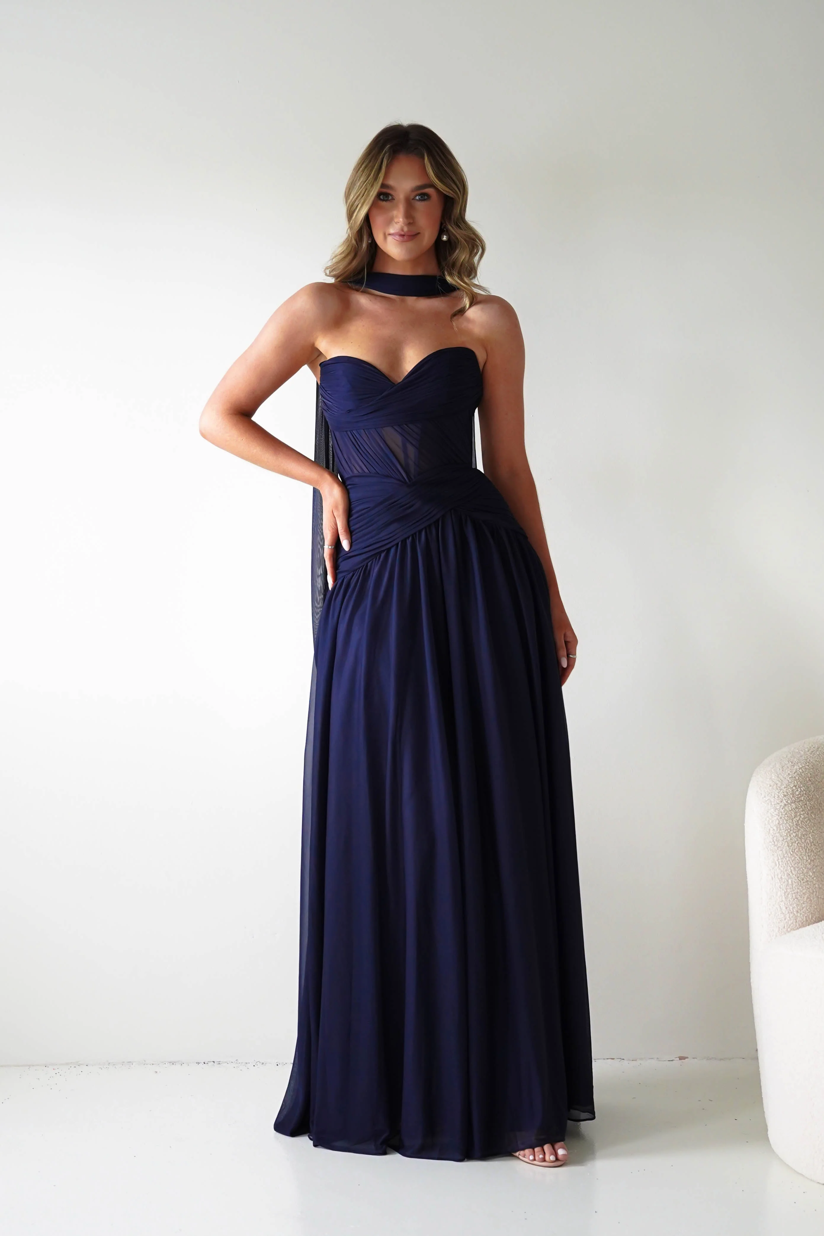 Nicolette Strapless Chiffon Maxi Gown | Navy