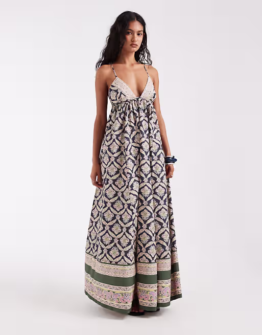 Free People Sorrento boho maxi dress in floral blueberry combo