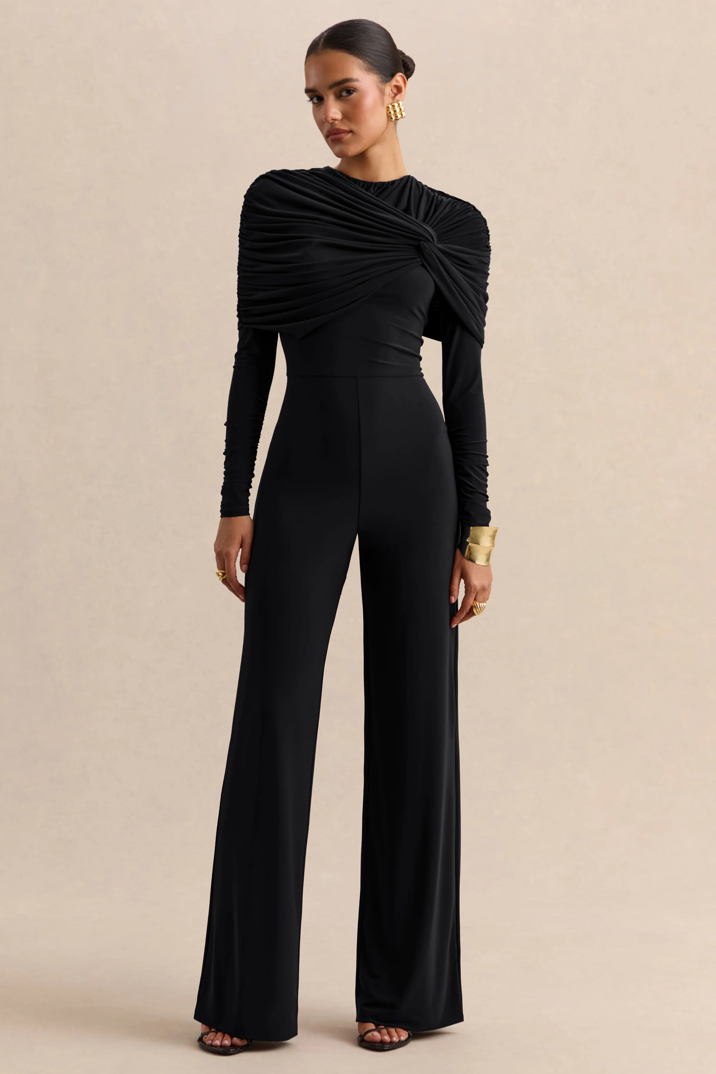 Eloura | Black High-Neck Jumpsuit With Twist-Gathered Detail