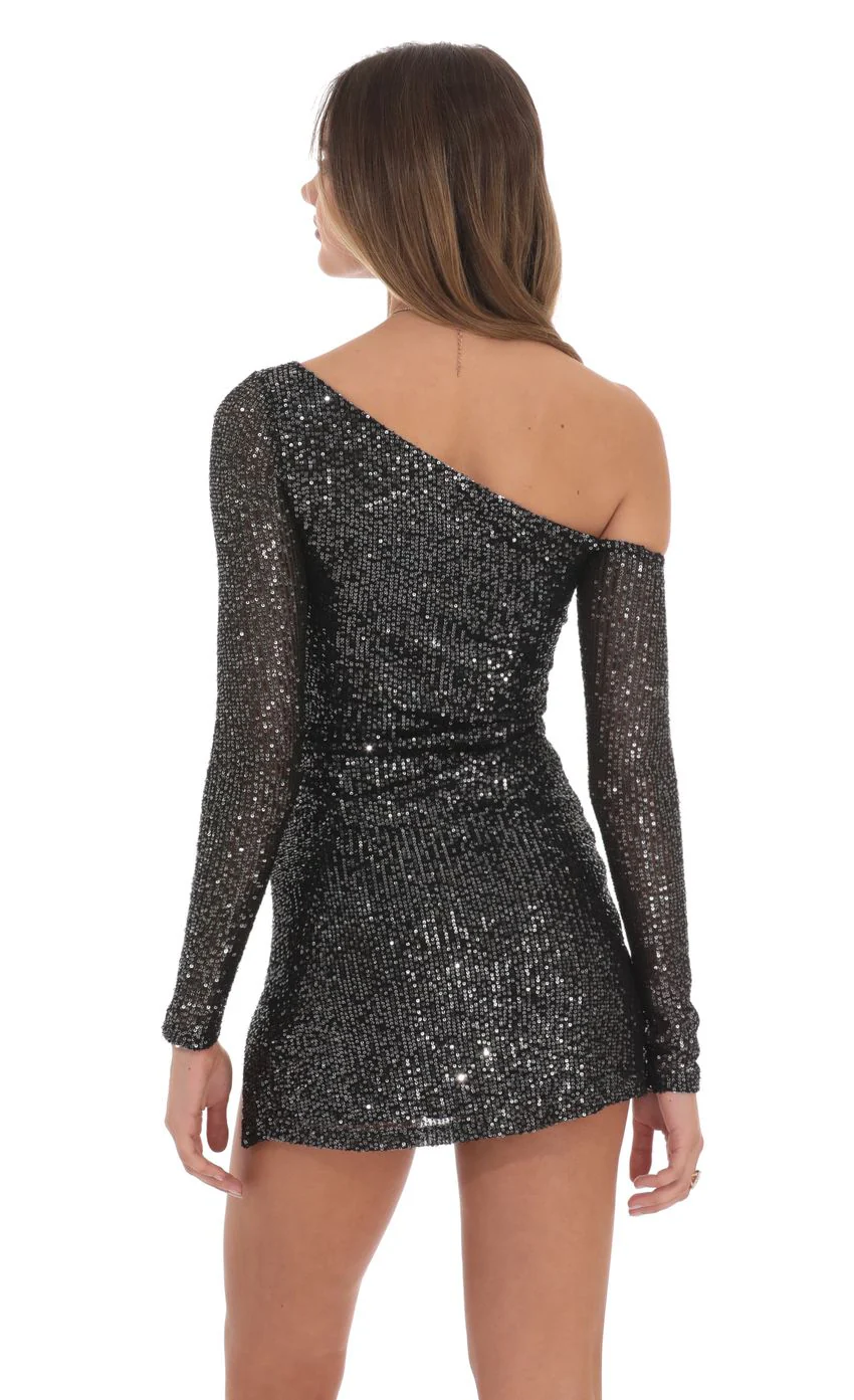 Silver Sequin One Off Shoulder Bodycon Dress in Black - luluinthesky