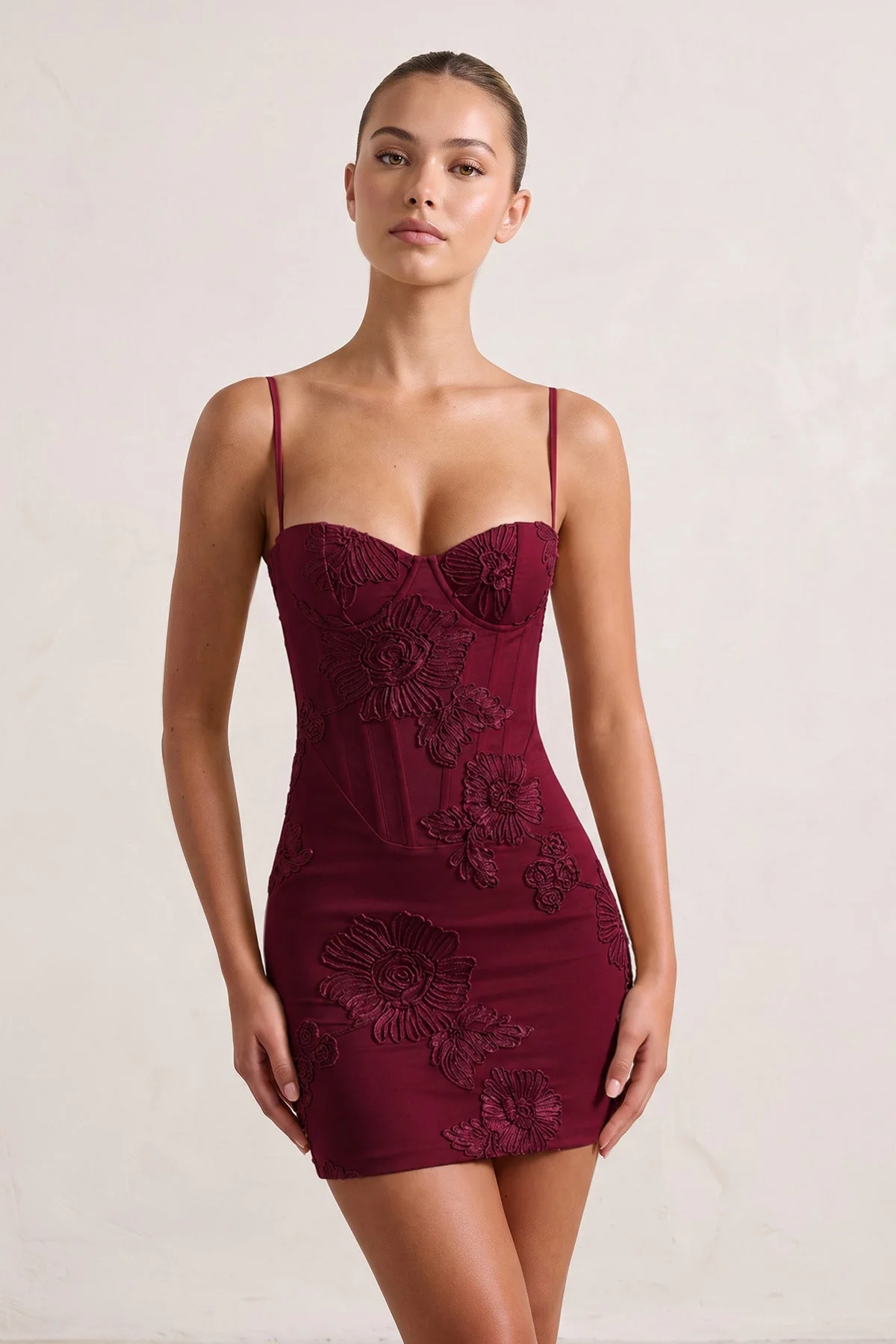 Burgundy Spaghetti Straps Sheath Homecoming Dress With Floral Embroidery