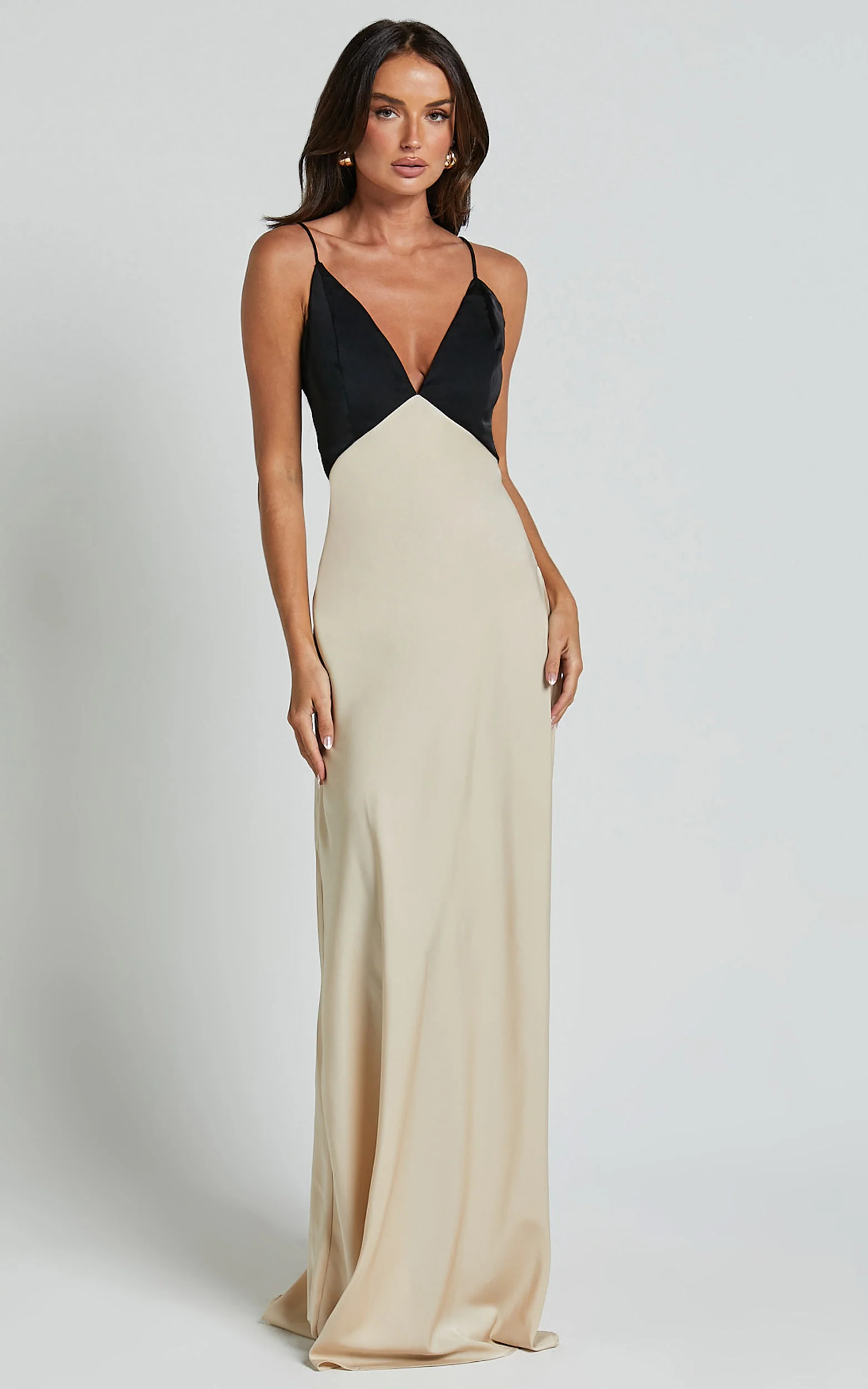 Quincy Maxi Dress - Satin Slip Dress in Black/Champagne