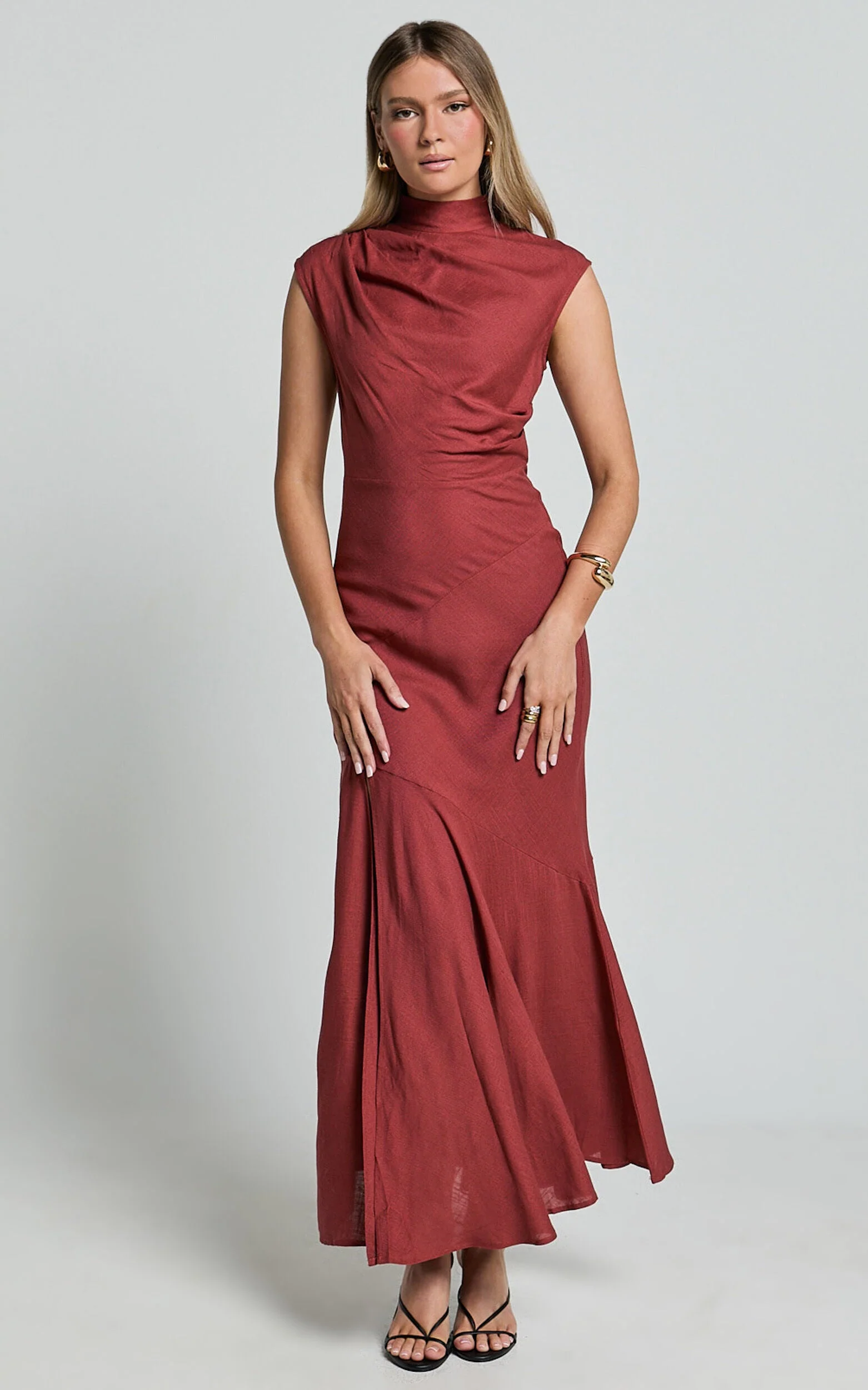 Arielle Maxi Linen Dress - High Neck Thigh Split Slip Dress in Rust