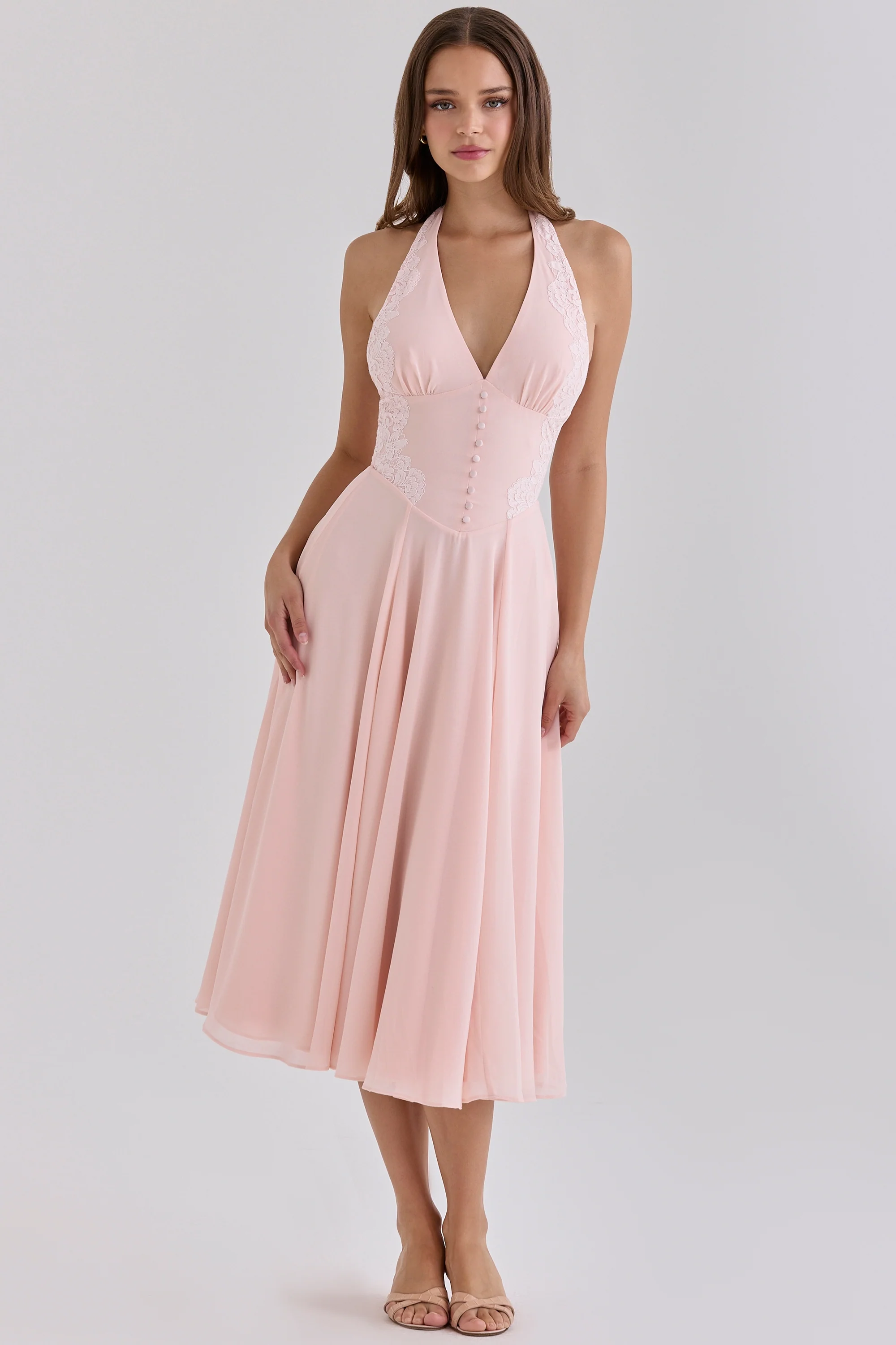 Pink Georgette + Lace Placement Halter Neck Midi Dress
