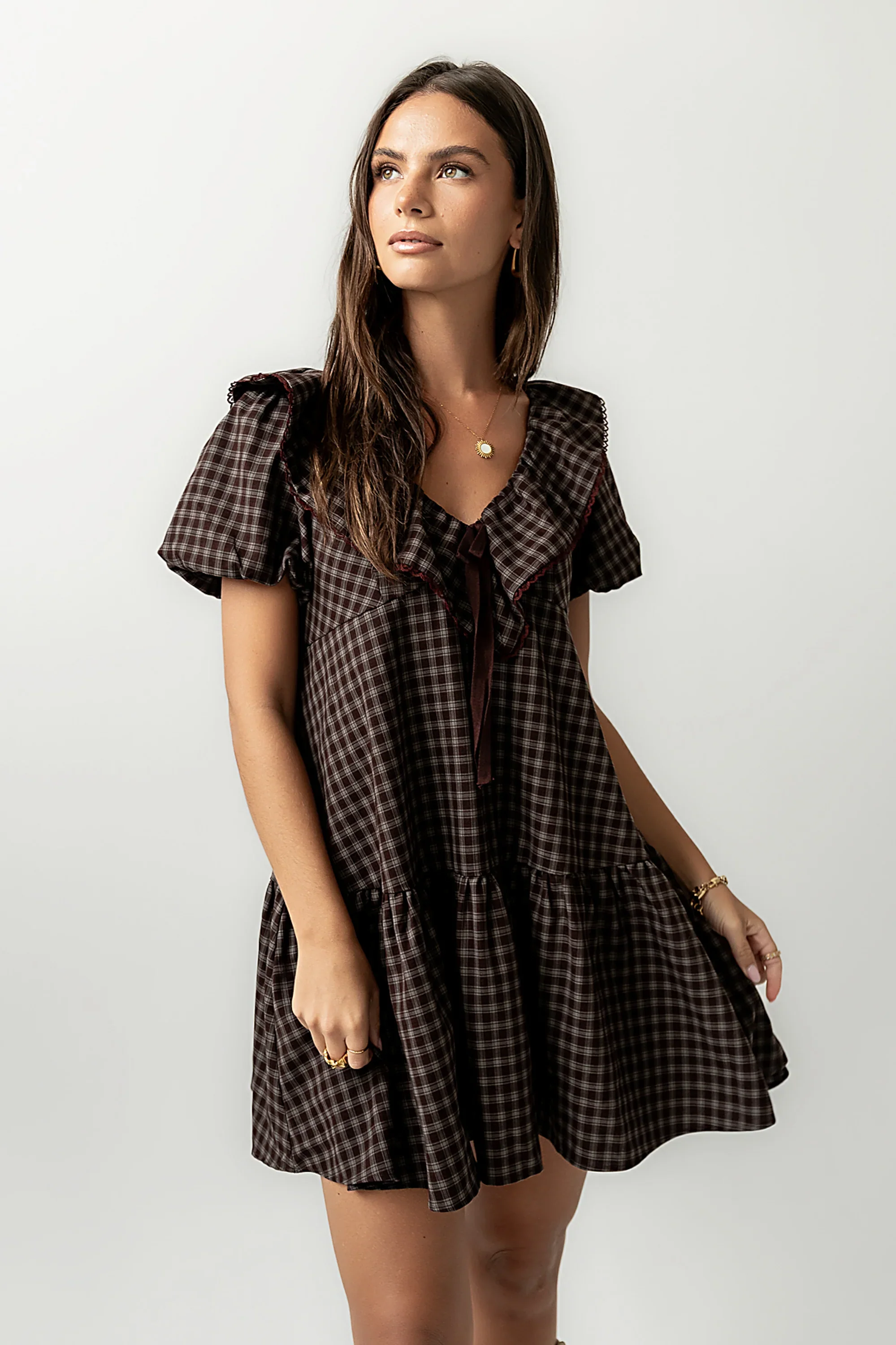 Tony Gingham Baby Doll Dress in Brown