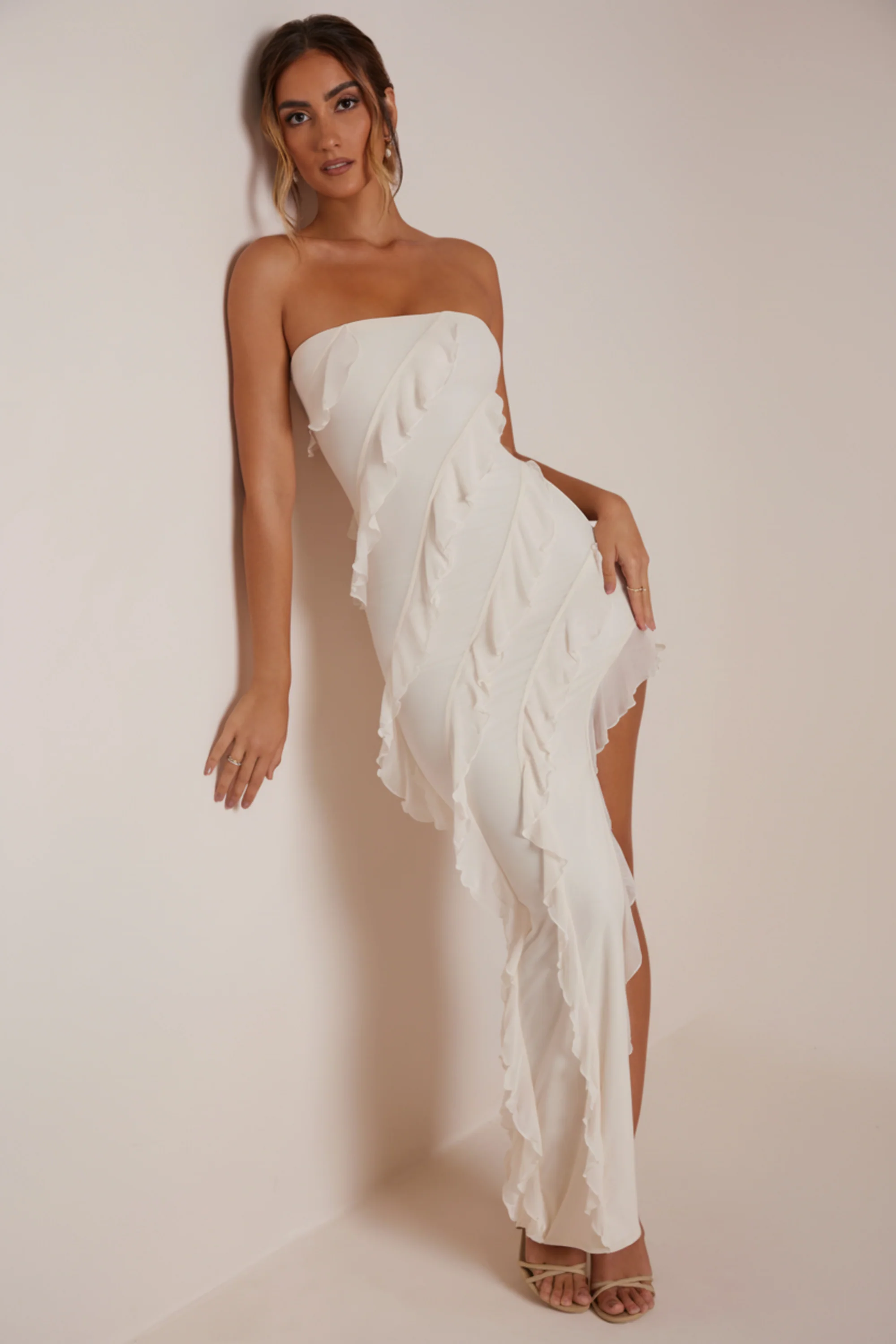 Bandeau Ruffle Detail Maxi Dress in Ivory
