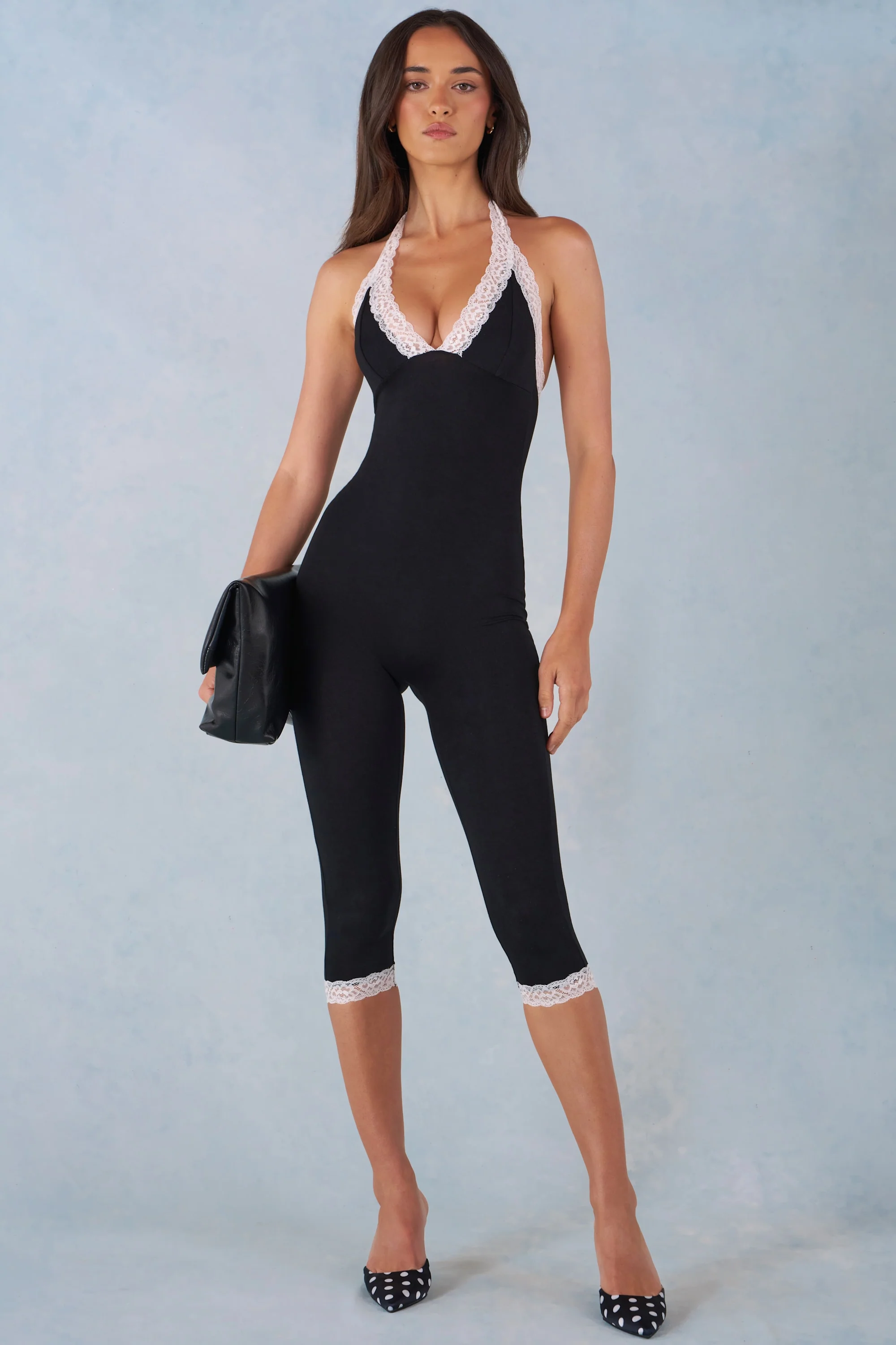 Modal Lace-Trim Capri Jumpsuit  in Black