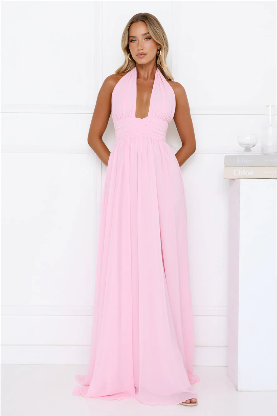 Rosé Opulence Halter Maxi Dress Pink