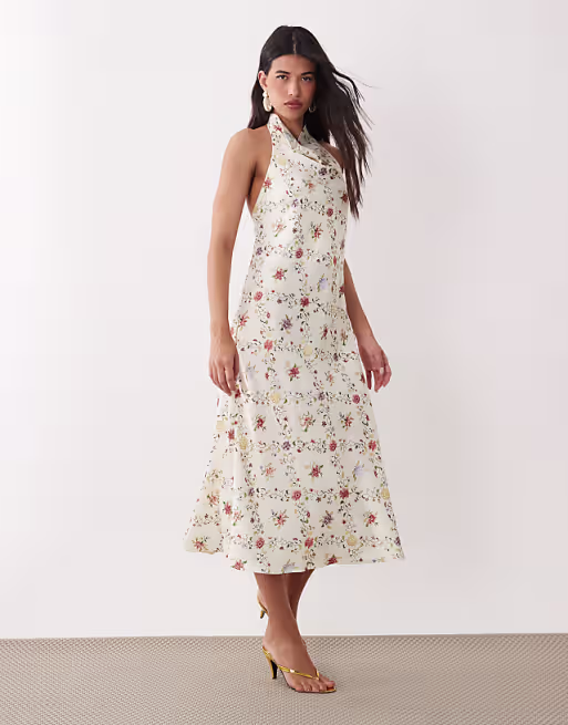 YAS halterneck backless satin maxi dress in white floral print