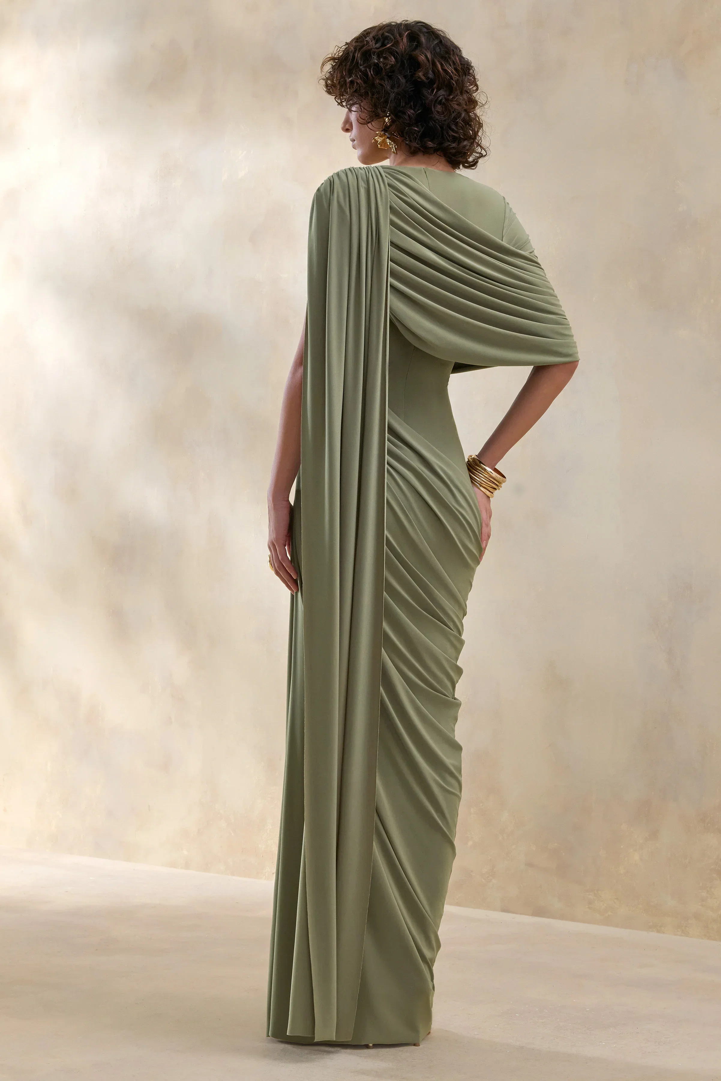 Gisara | Olive High-Neck Maxi Dress With Sash And Draped-Detailing