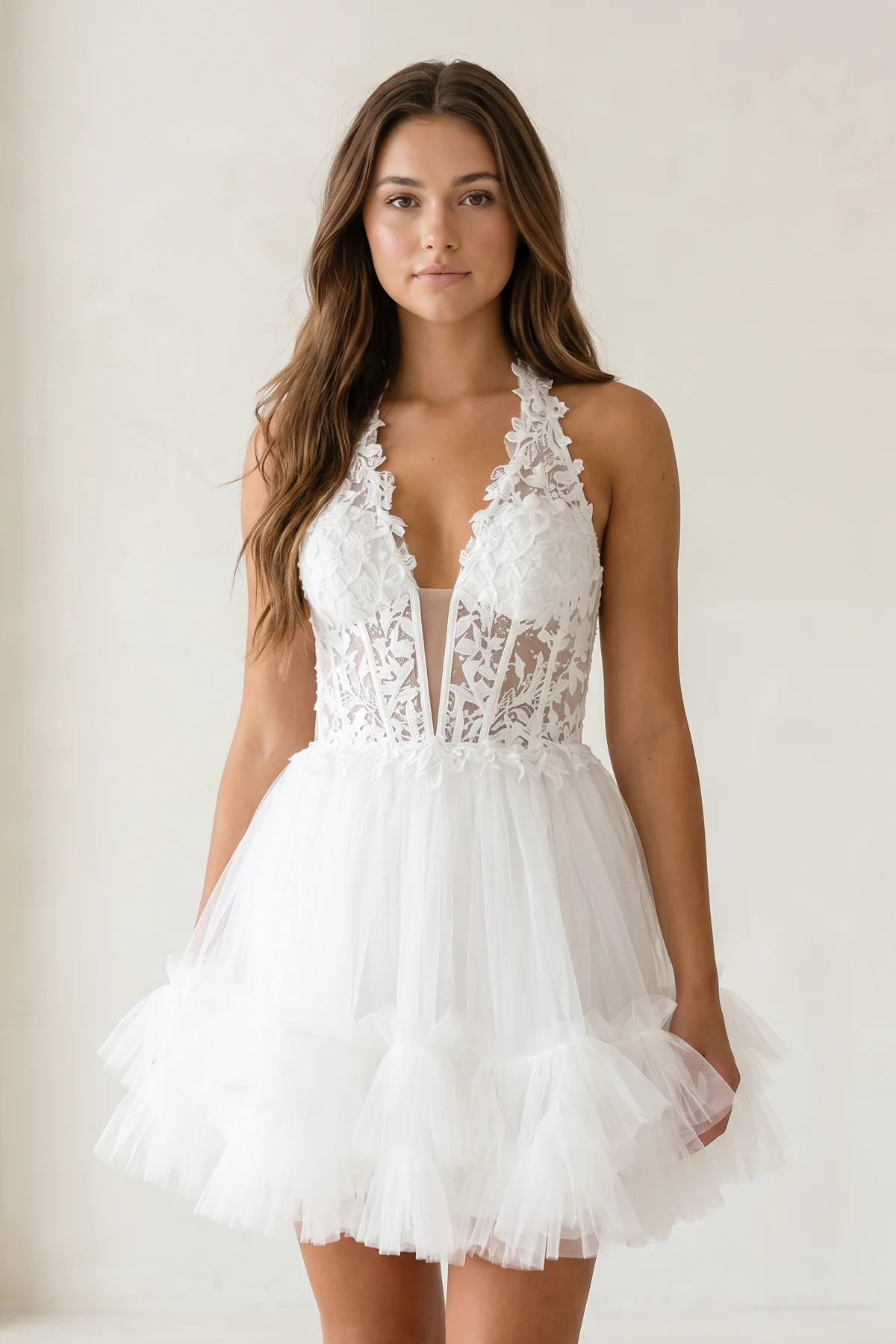 White Halter Tulle Tiered A-Line Homecoming Dress With Lace Appliques