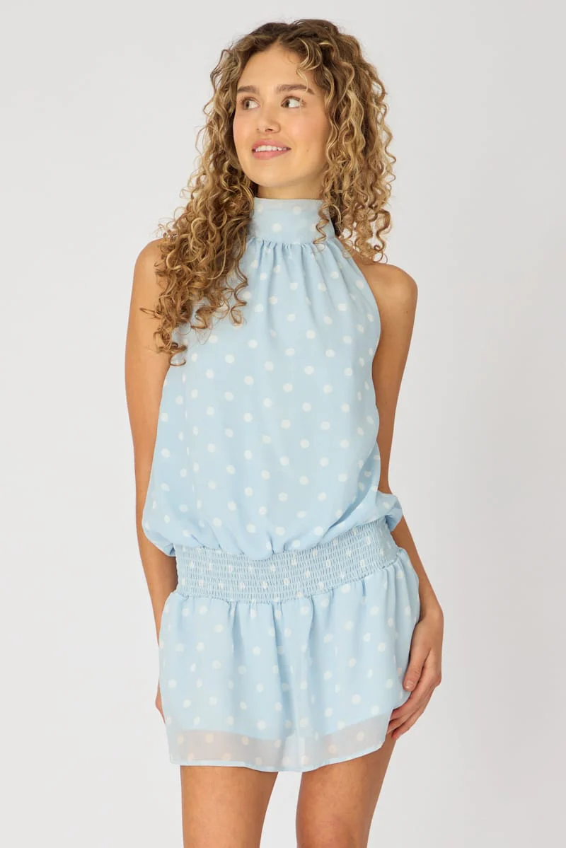 Blue Polka Dot High Neck Dress Mini Chiffon