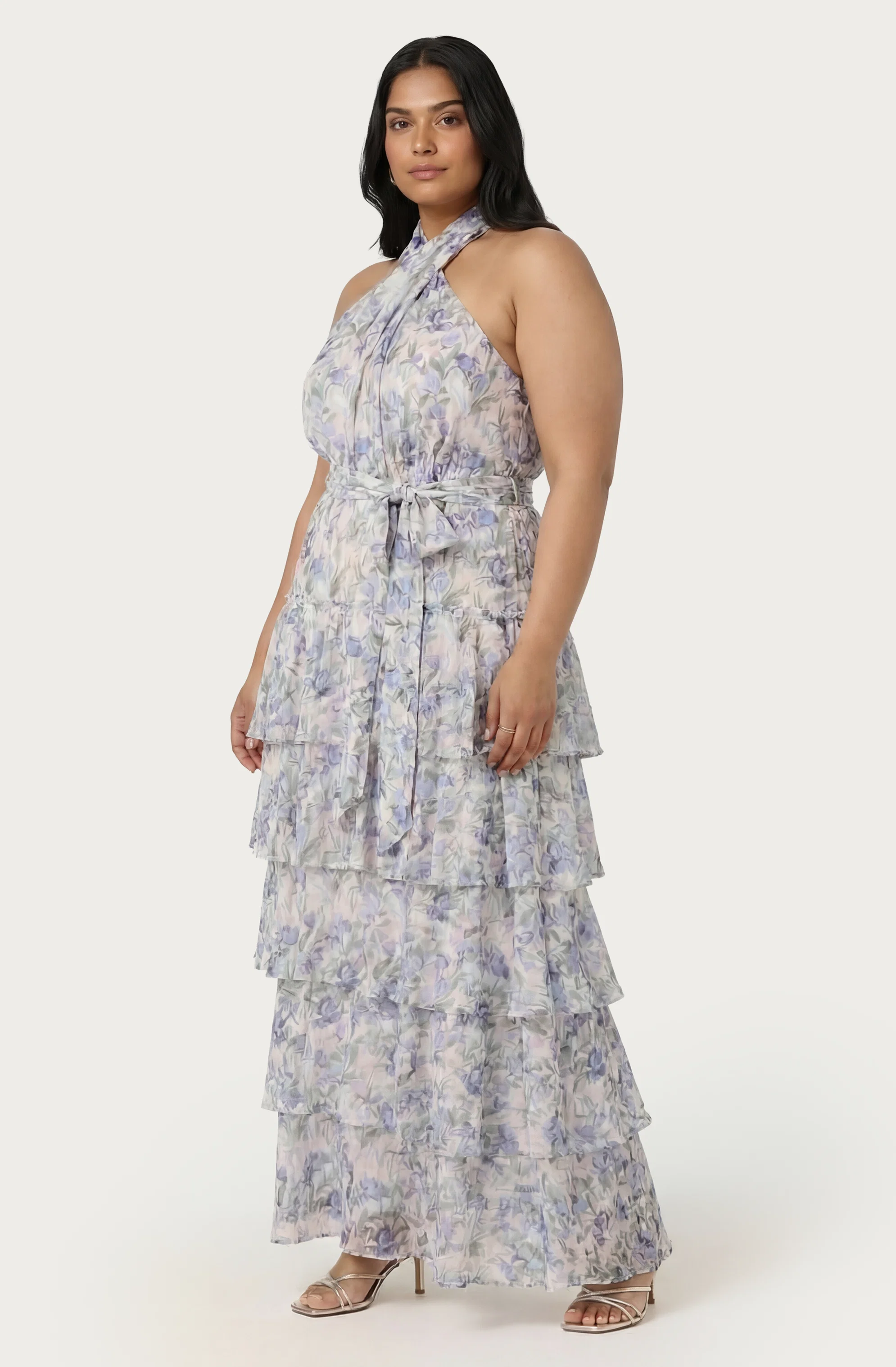 Adamaris Floral Halter Tiered Ruffle Maxi Dress