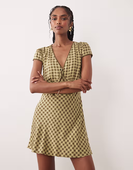 Nobody's Child Rosa v-neck lace trim cap sleeve mini dress in green gingham