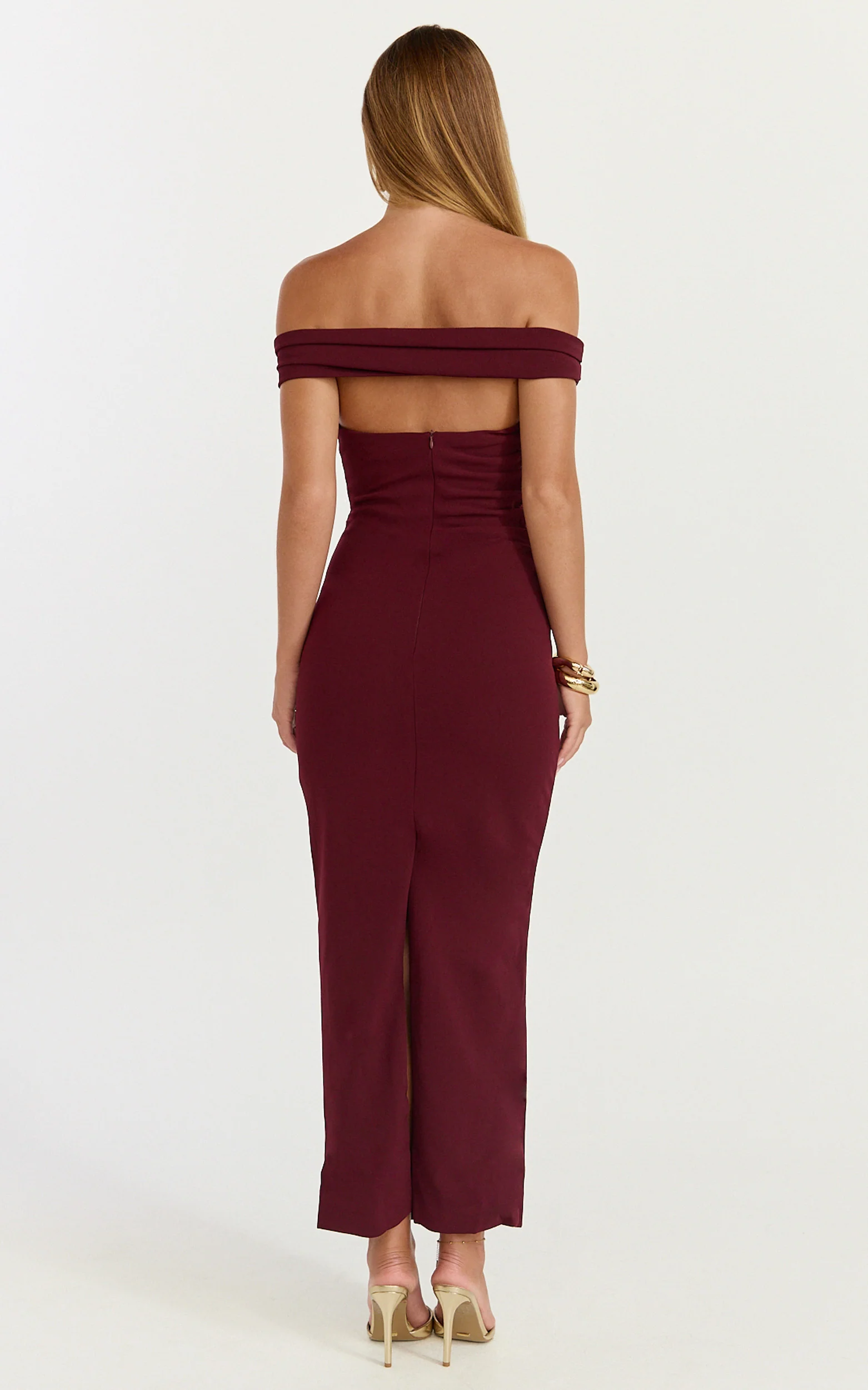 Lena Midi Dress - Off Shoulder Ruched Bodycon Dress in Wine