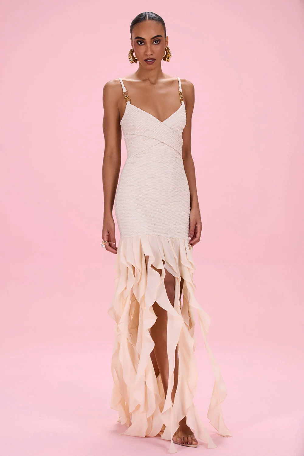 Golden Knit Chiffon Maxi Dress