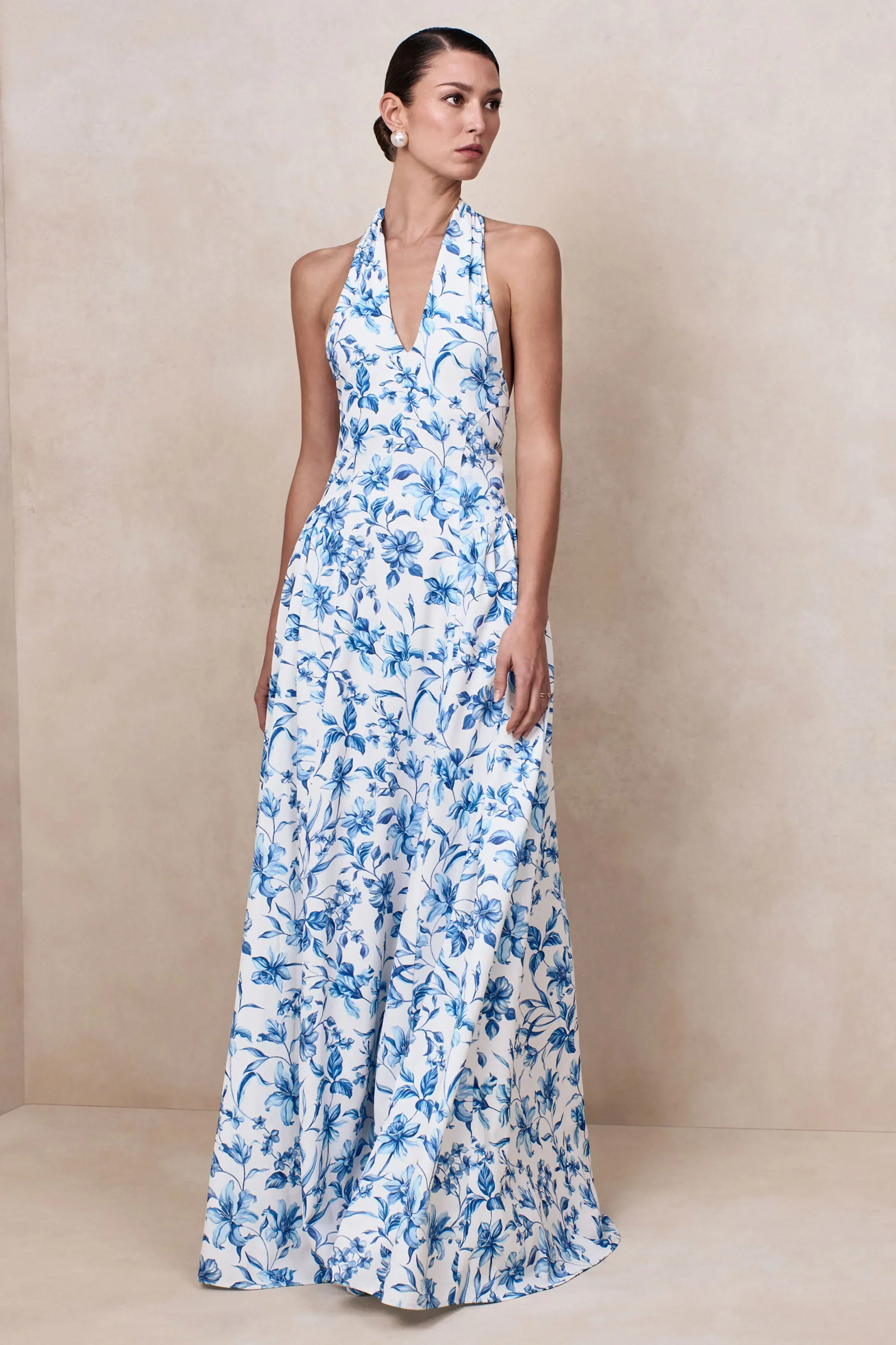 Liana | Blue Porcelain Print Halter-Neck Maxi Dress